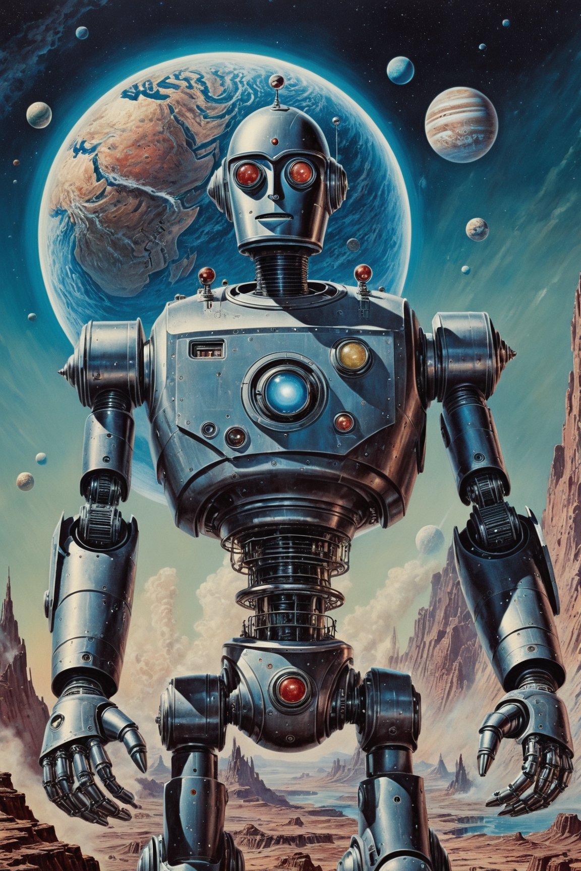 A dreamy science fiction world inspired from vintage space comics, the robot from Venus, carrying a robot woman in his arms, planets in the background, hyper-detailed face, 5-fingers, hyper-detailed human eyes, volumetric mist, Cinematic lighting, dramatic, smoked body mist, solo,detailmaster2,Monster,Movie Still,