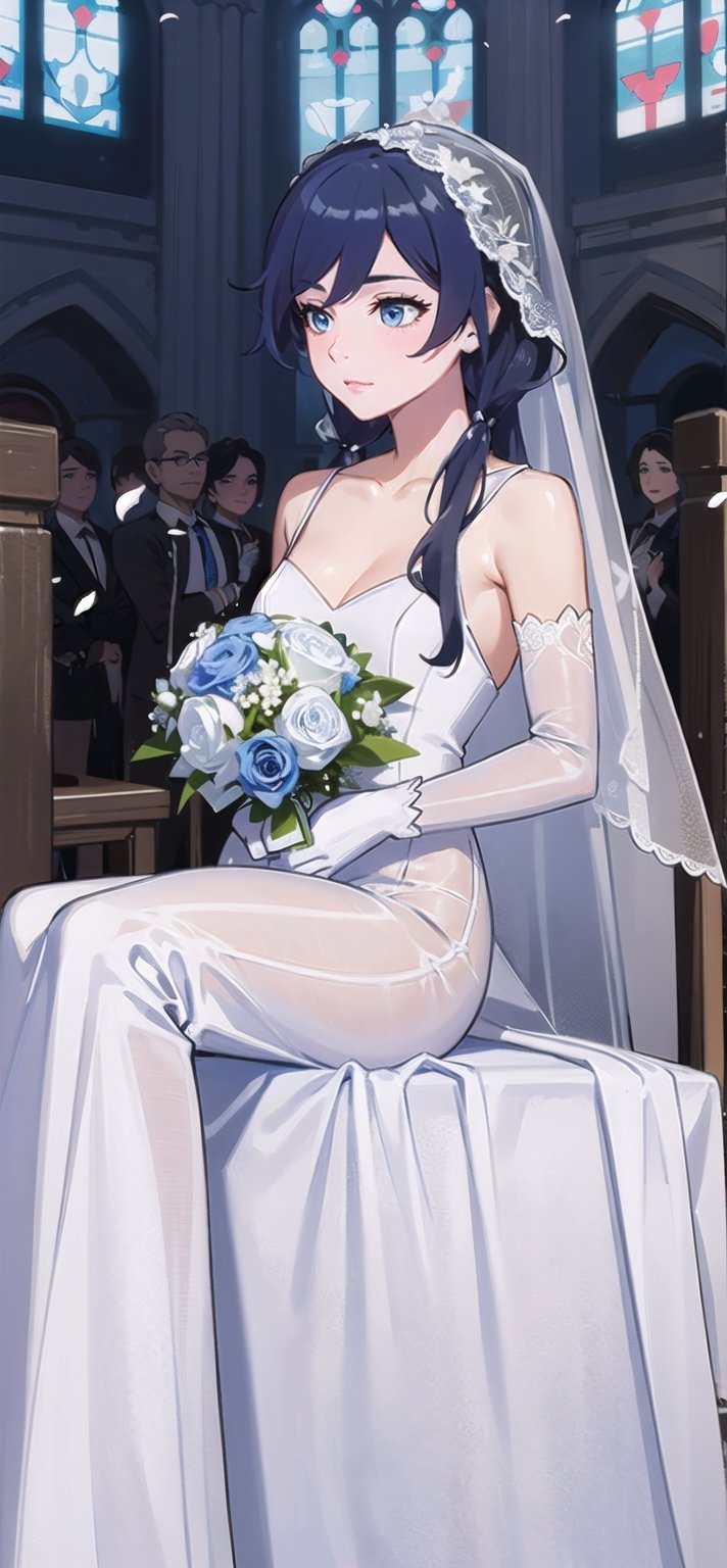 (1 beautiful woman, ornamented long blue hair,expensive detailed white wedding dress design by Clare Waight Keller, white bride veil, long white gloves), walking to the altar, holding a bouquet, church location, wedding, celebration time, petals falling down, people sitting down background, priest in front of the spouse, close-up ,perfecteyes,fu hua