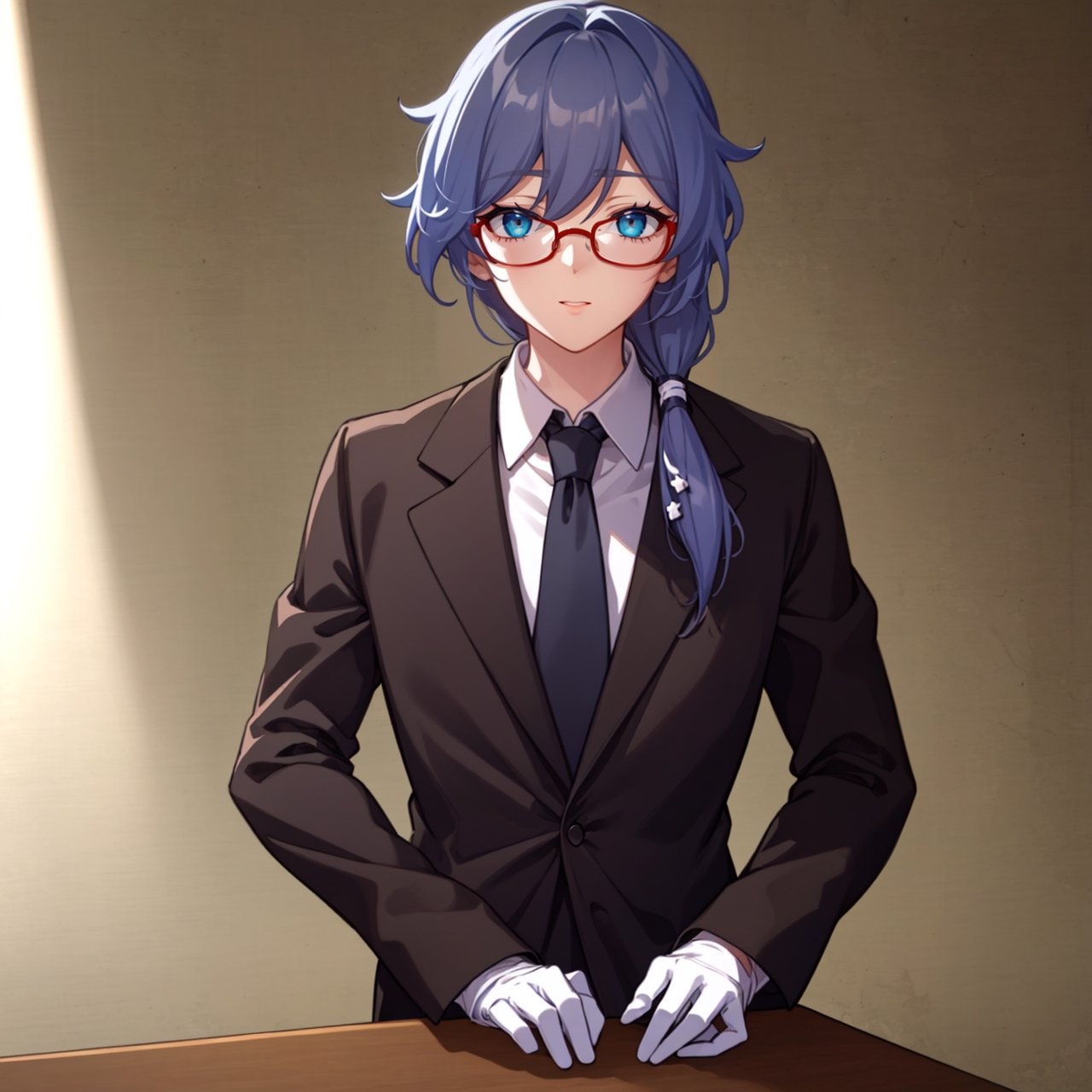 (masterpiece:1.3),(the best quality:1.2),(super fine illustrations:1.2),(Masterpiece),high quality,high detail,(white background:1.2),looking at viewer,(SOLO:1.4),outline,simple background,glasses,suit,long hair,shirt,necktie,jacket,blue eyes,white shirt,fu hua,white gloves,collarbone,hair between eyes,black-framed eyewear,long sleeves,low ponytail,pants,black pants,belt,