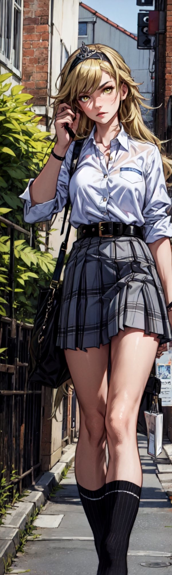 high_res, 1girl, female_solo, (tall girl:1.2), blonde, very long hair, blonde, tiny_breasts, school_girl uniform, white_shirt, plaid_skirt, short skirt, skindentation, black_kneehighs, garterbelt, (holding a whip:1.4), yellow eyes, school background, crown hairband,fu hua