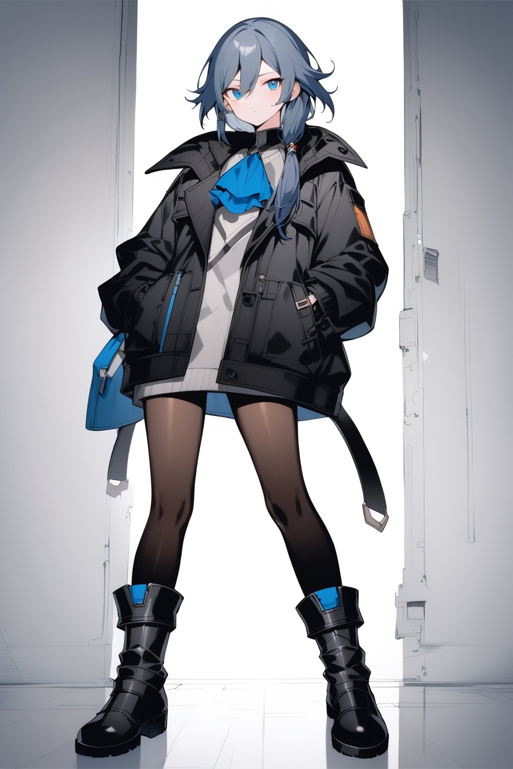 fu hua,(full body), nai3, solo, artstyle,best quality,amazing quality,very aesthetic,absurdres,traditional media 
1girl, solo, looking at viewer, short hair, bangs, blue eyes, long sleeves, hair between eyes, closed mouth, standing, jacket, full body, grey hair, pantyhose, boots, black footwear, coat, black jacket, ascot, knee boots, hand in pocket, black coat, fu hua