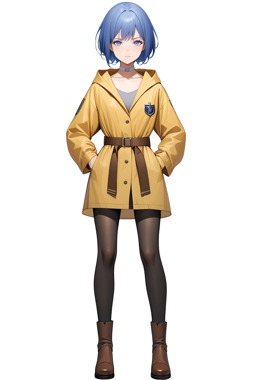 masterpiece, best quality, absurdres, very authentic, 1girl, solo, YuutenjiNyamu, 
1girl, solo, looking at viewer, short hair, blue eyes, simple background, black hair, long sleeves, 1boy, white background, closed mouth, blue hair, standing, collarbone, jacket, full body, male focus, pantyhose, boots, coat, black pantyhose, bandages, brown footwear, armband
The image is an illustration of a character. It features a person with blue hair and eyes, wearing a yellow raincoat with green accents on the collar and sleeves, black leggings, and brown boots. The raincoat has a belt around the waist and appears to be slightly oversized for the character. There's a small emblem on the left sleeve. The character's pose is relaxed with one hand lightly touching the other. No background elements are present as the character is depicted against a plain white backdrop. The illustration style is detailed and realistic with a focus on the character's attire and pose.