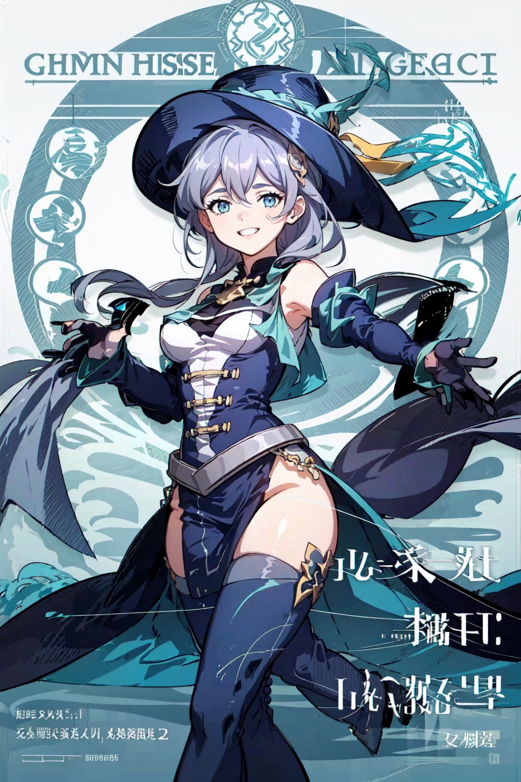 (masterpiece), (best quality), 1girl, blue eyes, grey hair, looking at viewer, smiling, curvy, purple witch hat, black gloves, thighhighs, library background,lisadef,fu hua,lixue