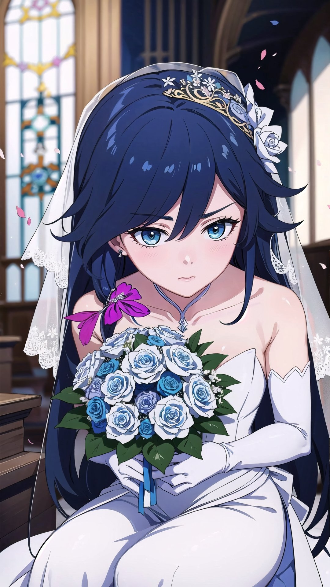 (1 beautiful woman, ornamented long blue hair,expensive detailed white wedding dress design by Clare Waight Keller, white bride veil, long white gloves), walking to the altar, holding a bouquet, church location, wedding, celebration time, petals falling down, people sitting down background, priest in front of the spouse, close-up ,perfecteyes,fu hua,Anime