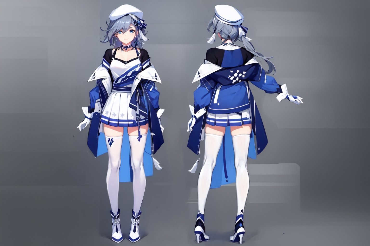 [[fu hua (phoenix)(honkai impact 3rd)]],nai3,1girl,solo,blue eyes {artist:ask(askzy)}, (Multiple views) boots,shorts,hair between eyes,grey hair,braid,hair ornament,hat,bare shoulder,star choker,ribbon,blue gloves,choker,idol,star necklace,jewelry,jacket,glasses,fu hua,white footwear,skirt,idol clothes,high heels,shirt,thighhighs,