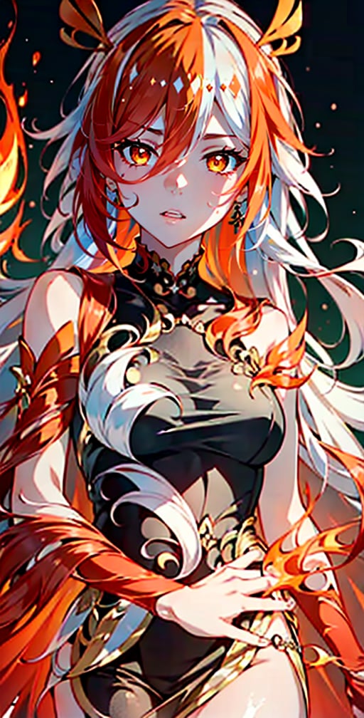 fu hua\bengluofu hua\bengluowhite_hair, orange_eyes, streaked_hair, fu hua, orange_hair, red_hair, fire, fiery_hair, hair_between_eyes, multicolored_hair, fu hua\bengluo, fiery_wings