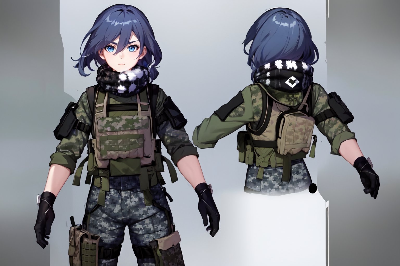 [[fu hua (phoenix)(honkai impact 3rd)]],nai3,1girl,solo,blue eyes {artist:ask(askzy)}, (Multiple views) soldier girl, (((wearing winter camo military fatigues, camo plate carrier rig,))) combat gloves, (magazin pouches), (kneepads), highly-detailed, perfect face, blue eyes, small waist, tall, make up, tacticool,,fu hua, fu hua