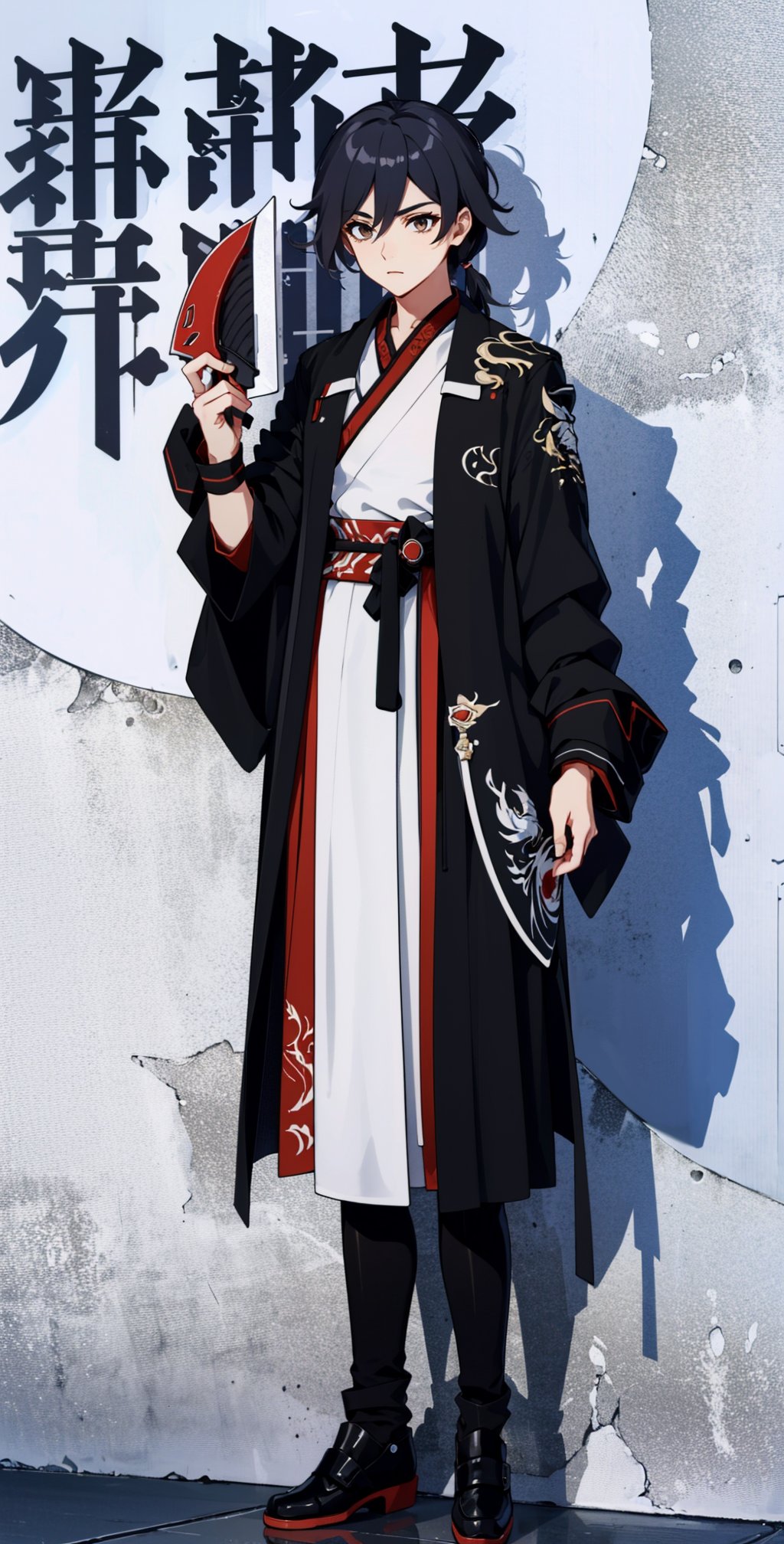  muscular mechanical body, ((brown eyes, black-hair)), black leather coat, holding chinese blade and Shield ,fu hua,full_body,sanguozhi,print robe