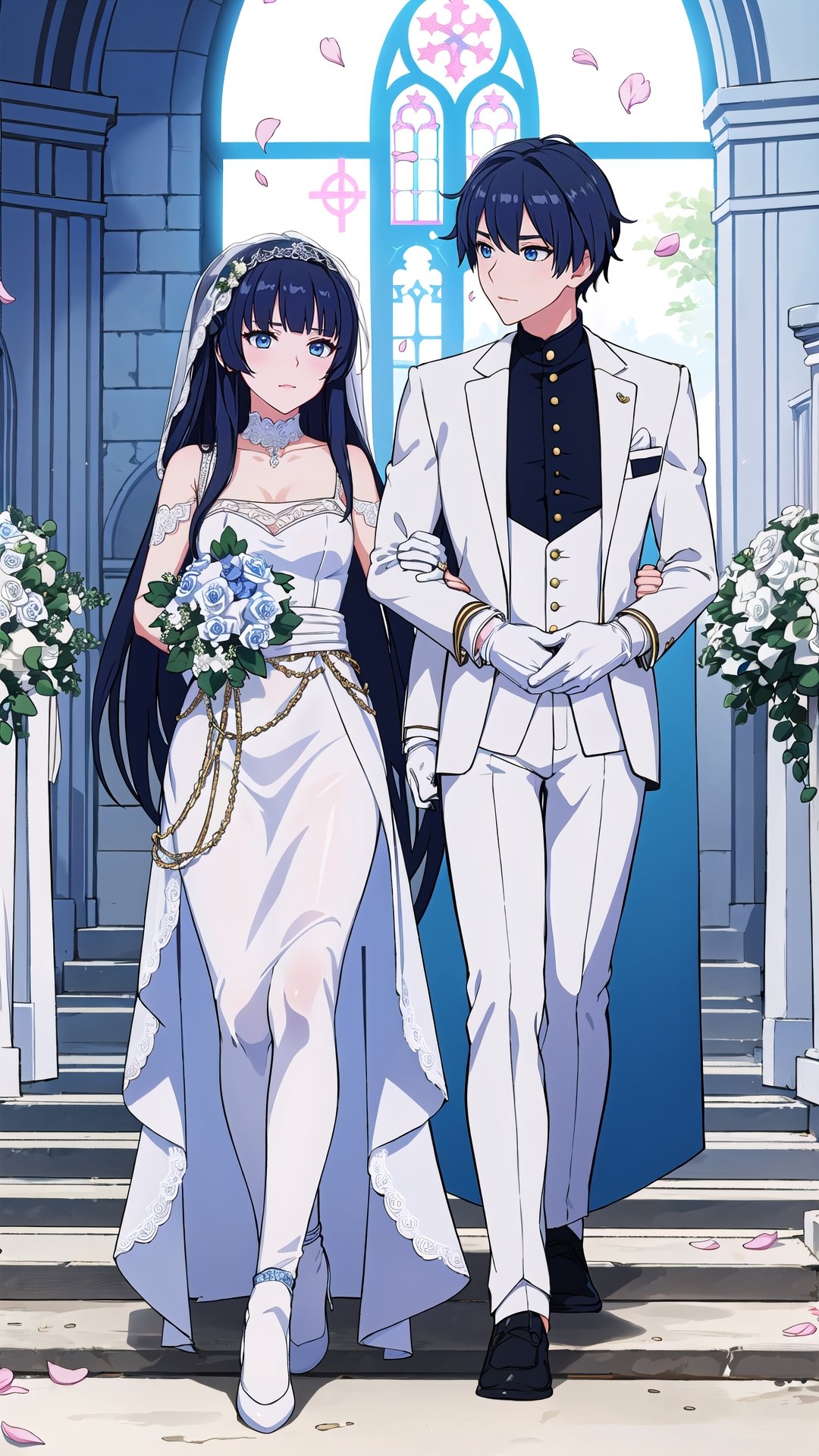 (1 beautiful woman, ornamented long blue hair,expensive detailed white wedding dress design by Clare Waight Keller, white bride veil, long white gloves),(full body) walking to the altar, holding a bouquet, church location, wedding, celebration time, petals falling down,Anime