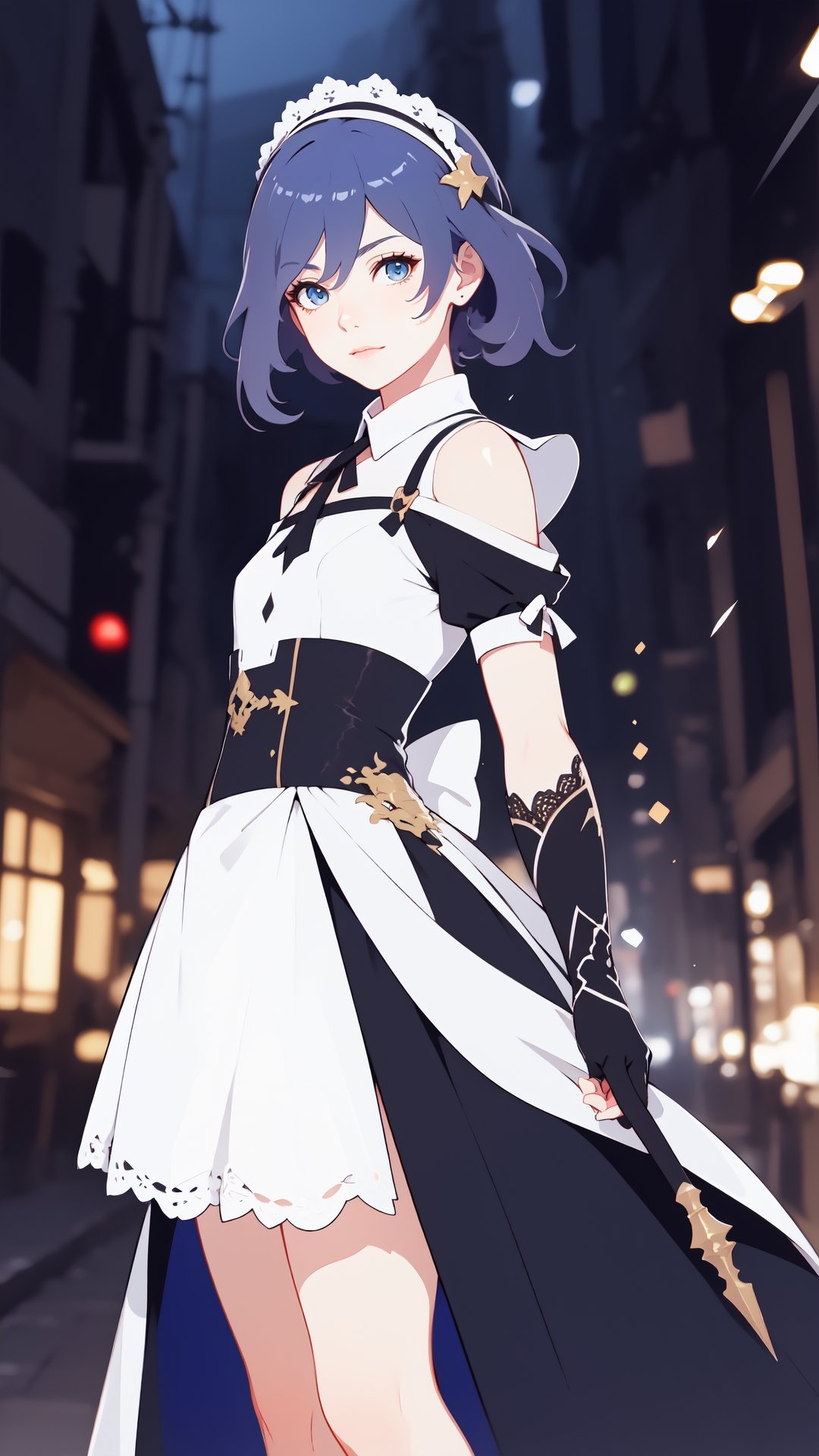 (Masterpiece,Best Quality), A realistic anime girl in a maid dress with coal-colored hair, striking a battle pose with a spear, inviting viewers to look closely at the high-resolution illustration, Fantasy, magical vibes, sci-fi mood, sparks, DoF, bokeh, sharp focus