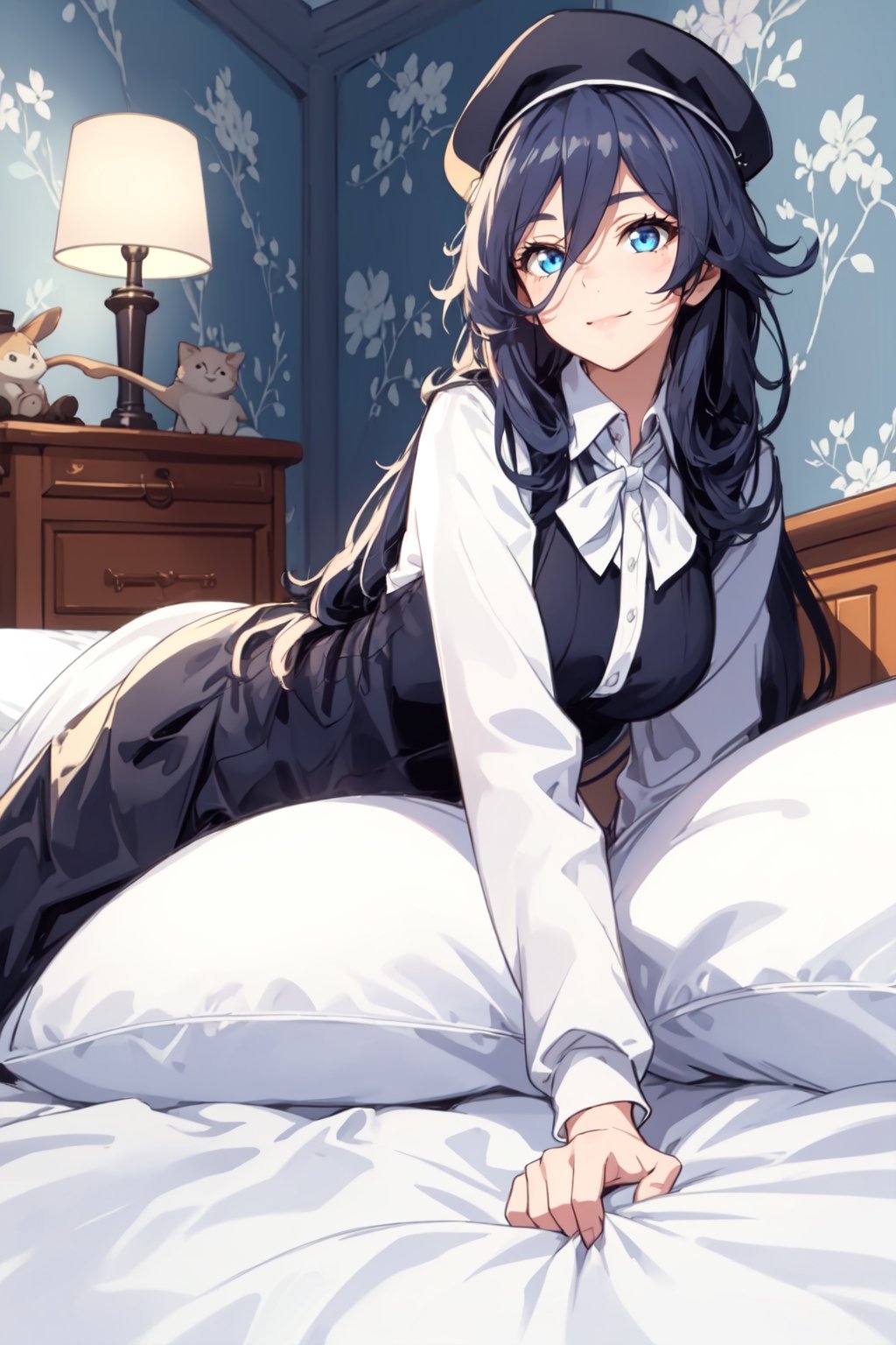 1 girl, full body, dark hair, very long hair, messy hair, blue eyes, bright, beautiful eyes, playful, funny, nice, just woke up, narrow waist, wide hips, (masterpiece), wallpaper,nice decorated room, lying on the bed, sexy,sunbeams, soft lights, sleep, eye contact, slight smile,hat