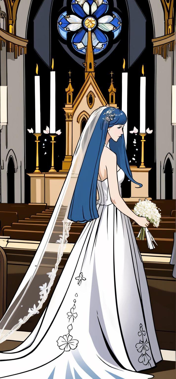 (1 beautiful woman, ornamented long blue hair,expensive detailed white wedding dress design by Clare Waight Keller, white bride veil, long white gloves), walking to the altar, holding a bouquet, church location, wedding, celebration time, petals falling down, people sitting down background, priest in front of the spouse, close-up ,perfecteyes,fu hua