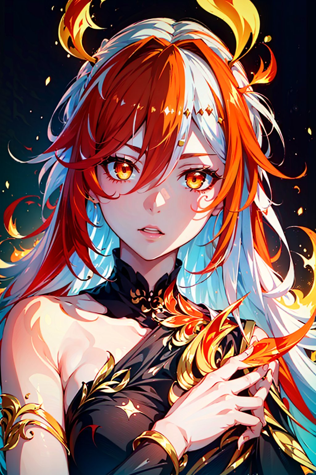 fu hua\bengluofu hua\bengluowhite_hair, orange_eyes, streaked_hair, fu hua, orange_hair, red_hair, fire, fiery_hair, hair_between_eyes, multicolored_hair, fu hua\bengluo, fiery_wings