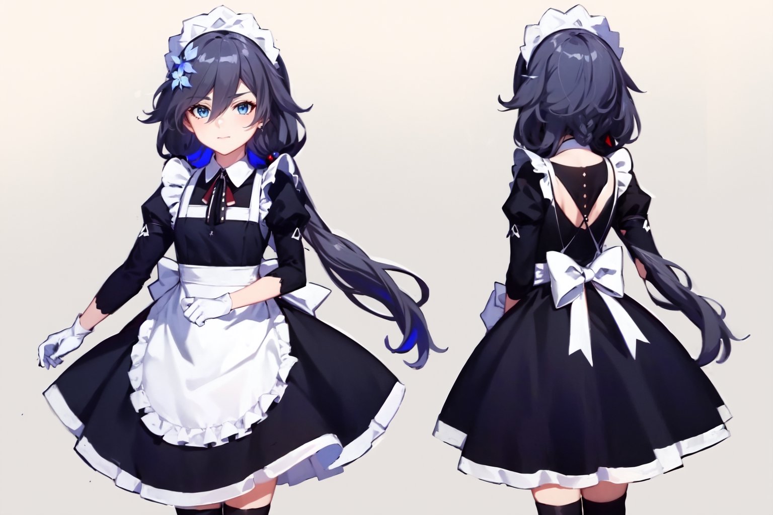 [[fu hua (phoenix)(honkai impact 3rd)]],nai3,1girl,solo,blue eyes {artist:ask(askzy)}, (Multiple views) ,long hair,hair between eyes,very long hair,white hair,maid headdress,bangs,maid,long sleeves,hair ornament,braid,thighhighs,white apron,wa maid,frilled apron,red bow,black dress,dress,maid apron,white gloves,low twintails,apron,jewelry,multicolored hair,