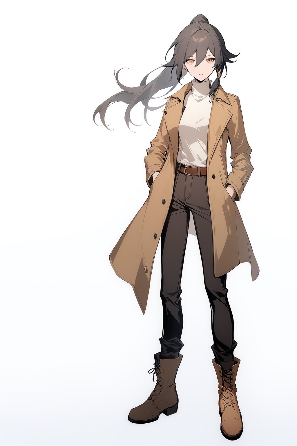 [[fu hua (phoenix)(honkai impact 3rd)]], nai3, 1girl, solo, artstyle,
1girl, solo, long hair, looking at viewer, simple background, brown hair, shirt, black hair, long sleeves, white background, hair between eyes, brown eyes, standing, jacket, full body, ponytail, boots, open clothes, belt, pants, coat, turtleneck, brown footwear, black pants, hand in pocket, brown belt