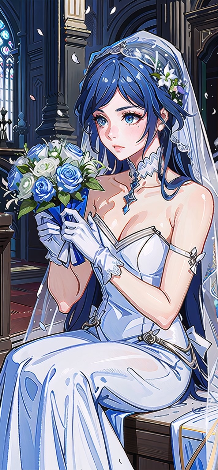 (1 beautiful woman, ornamented long blue hair,expensive detailed white wedding dress design by Clare Waight Keller, white bride veil, long white gloves), walking to the altar, holding a bouquet, church location, wedding, celebration time, petals falling down, people sitting down background, priest in front of the spouse, close-up ,perfecteyes,fu hua