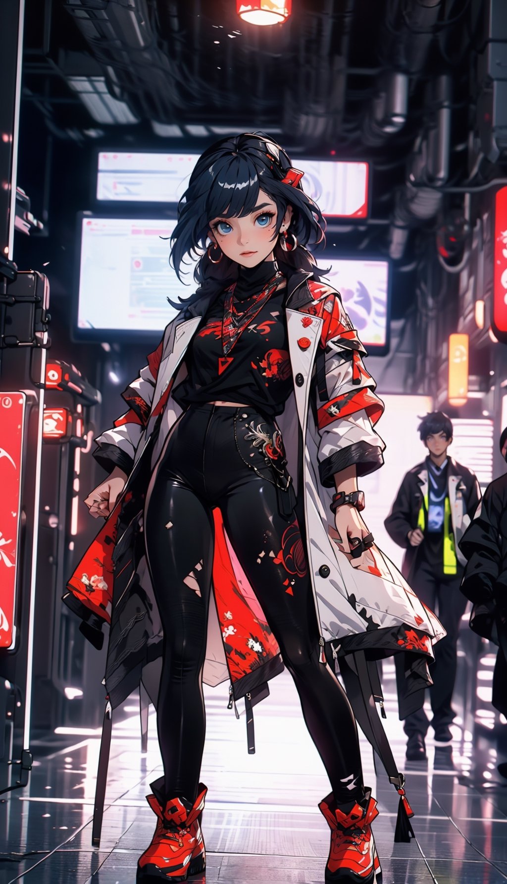 ((Masterpiece,  best quality,  ultra-detailed,  best shadow,  Unreal Engine 5)),  (detailed background),  (pretty face),  one female vampire,  long hair with bangs,  perfect figure,  ((red-colored apparel,  often in the form of long,  two-tailed coats)),  black spandex pants,  vampire bats backdround, midjourney, fu hua, , , 
