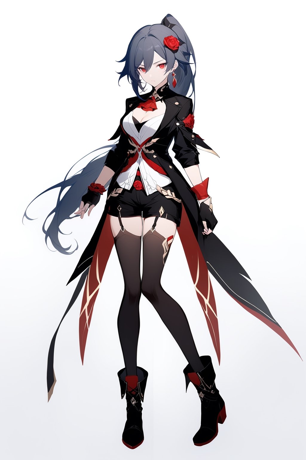 [[fu hua (phoenix)(honkai impact 3rd)]], nai3, 1girl, solo, artstyle,
1girl, solo, long hair, breasts, looking at viewer, bangs, simple background, shirt, black hair, hair ornament, red eyes, thighhighs, gloves, long sleeves, white background, cleavage, hair between eyes, jewelry, standing, jacket, full body, white shirt, ponytail, flower, earrings, boots, shorts, black gloves, black thighhighs, hair flower, fingerless gloves, black footwear, black jacket, ascot, rose, garter straps, black shorts, red flower, red rose