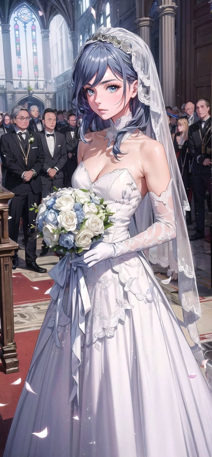 (1 beautiful woman, ornamented long blue hair,expensive detailed white wedding dress design by Clare Waight Keller, white bride veil, long white gloves), walking to the altar, holding a bouquet, church location, wedding, celebration time, petals falling down, people sitting down background, priest in front of the spouse, close-up ,perfecteyes,fu hua