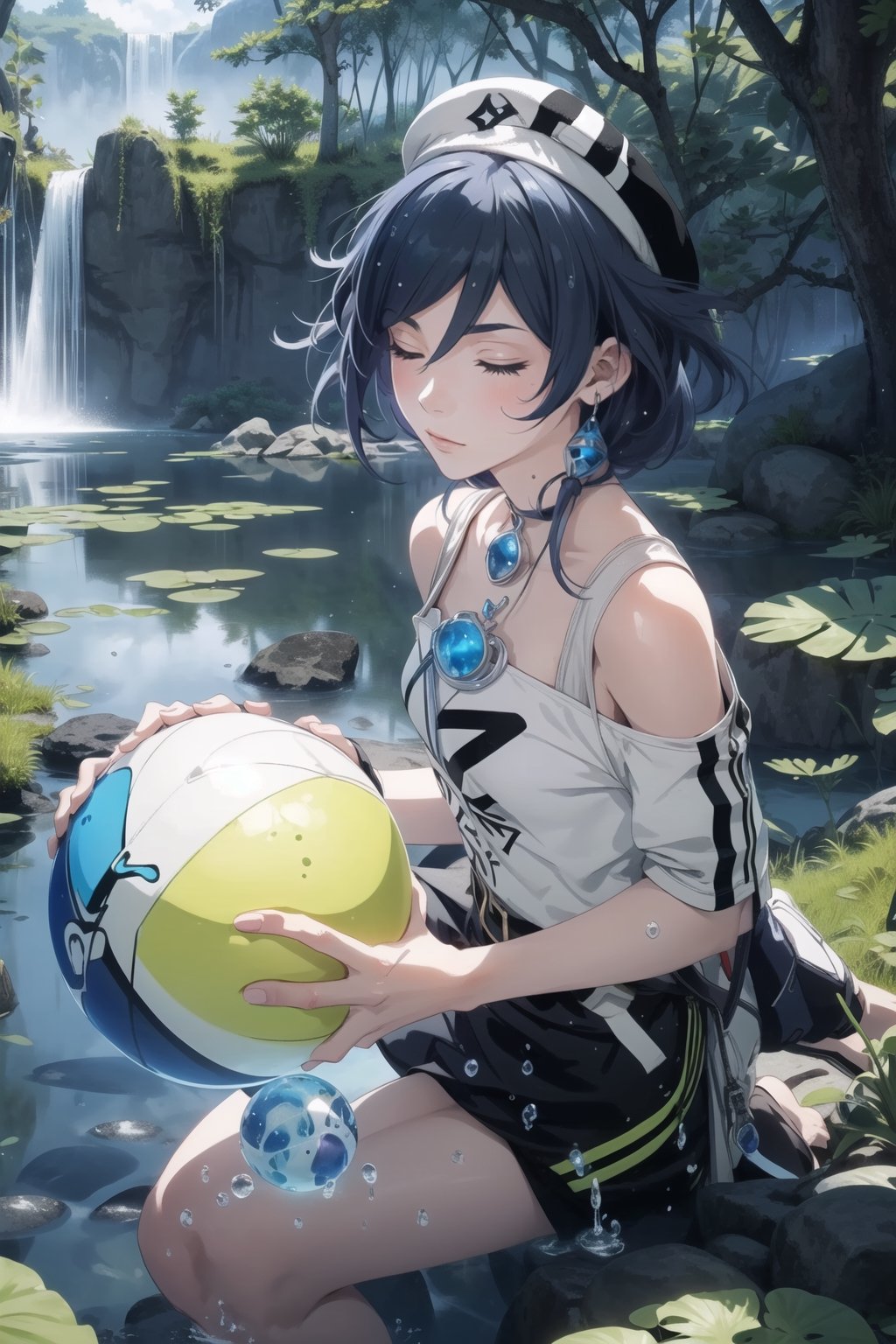 2d, masterpiece, best quality, anime, highly detailed face, highly detailed background, perfect lighting, solo, Sitting on a stone, surrounded by water, in a lake, meditating, eyes closed, blue hair, meditation pose, (Ball-shaped floating water around:1.3), blue warrior clothes with black, background waterfall, nature, forest,fu hua