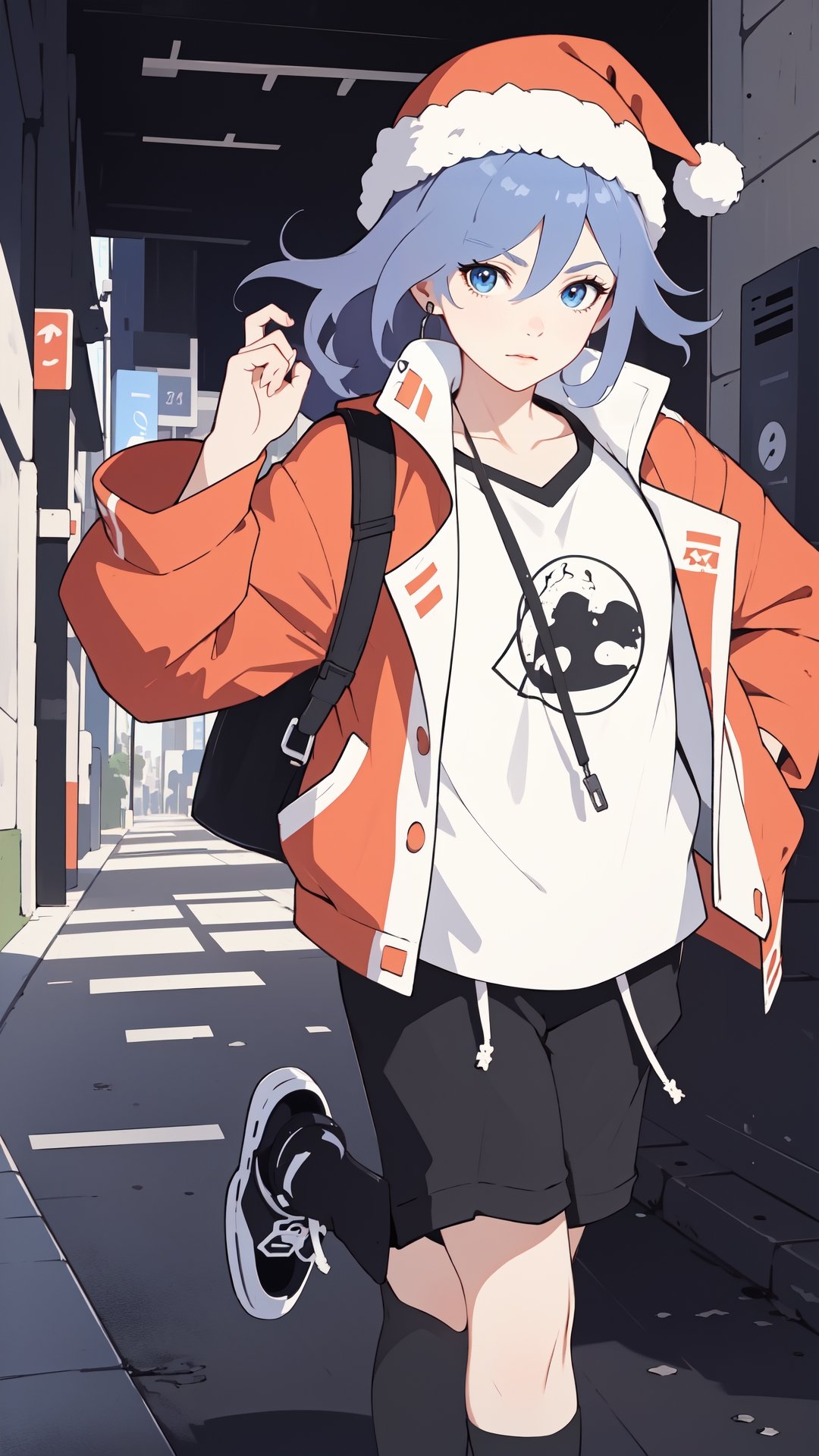 ((anime)), Santa Claus wearing hip hop outfit walking on the street, a boom box on the shoulder, musical notes floating in the air, more detail XL, SFW, solo, medium shot