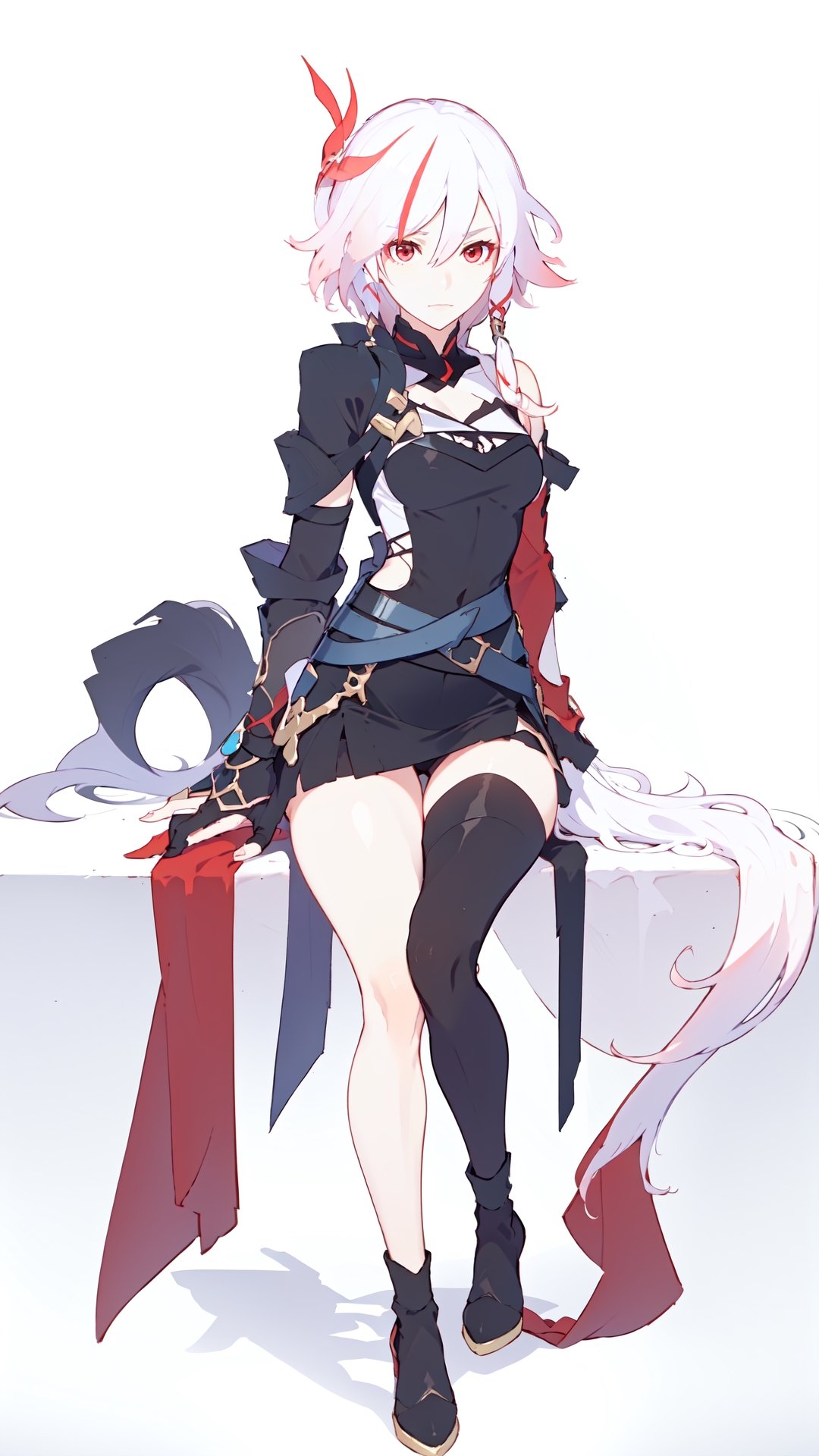 grin,low ponytail,blanket,belt,silver hair,low-tied long hair,messy hair,two-tone hair,streaked hair,jewelry,leather,long hair,bandages,white hair,black hair,red eyes,red rope,red legwear,fu hua,hakama,armor,brown footwear,high heel boots,jacket,dress,toeless legwear,arm wrap,sarashi,high heels,gradient hair,long sleeves,multicolored hair,braid,gloves,pants,earrings,1girl,bangs,closed mouth,expressionless,hair between eyes,hair ornament,long hair,,streaked hair,fu hua,hair between eyes,multicolored hair,white hair,pink hair,white hair,red hair,red eyes,