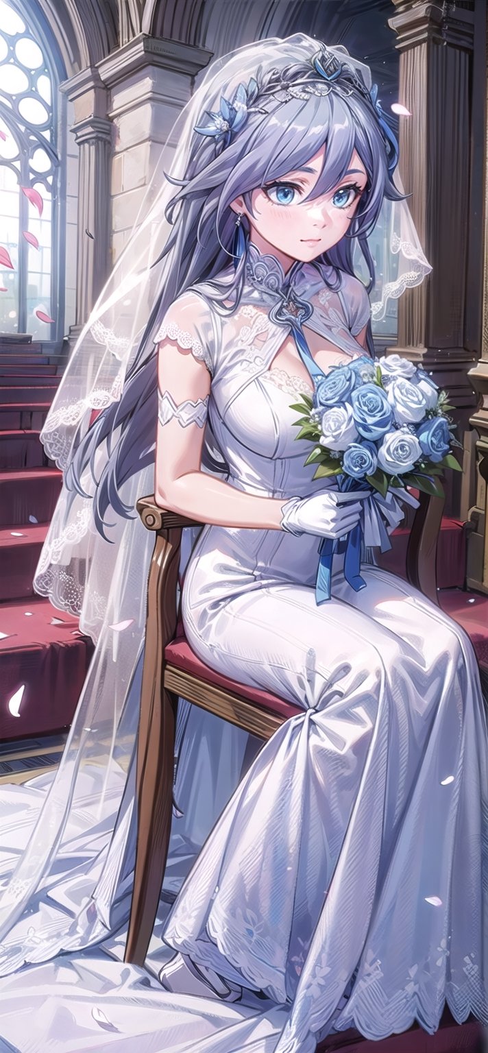 (1 beautiful woman, ornamented long blue hair,expensive detailed white wedding dress design by Clare Waight Keller, white bride veil, long white gloves, large breasts), walking to the altar, holding a bouquet, church location, wedding, celebration time, petals falling down, people sitting down background, priest in front of the spouse, close-up ,perfecteyes,fu hua