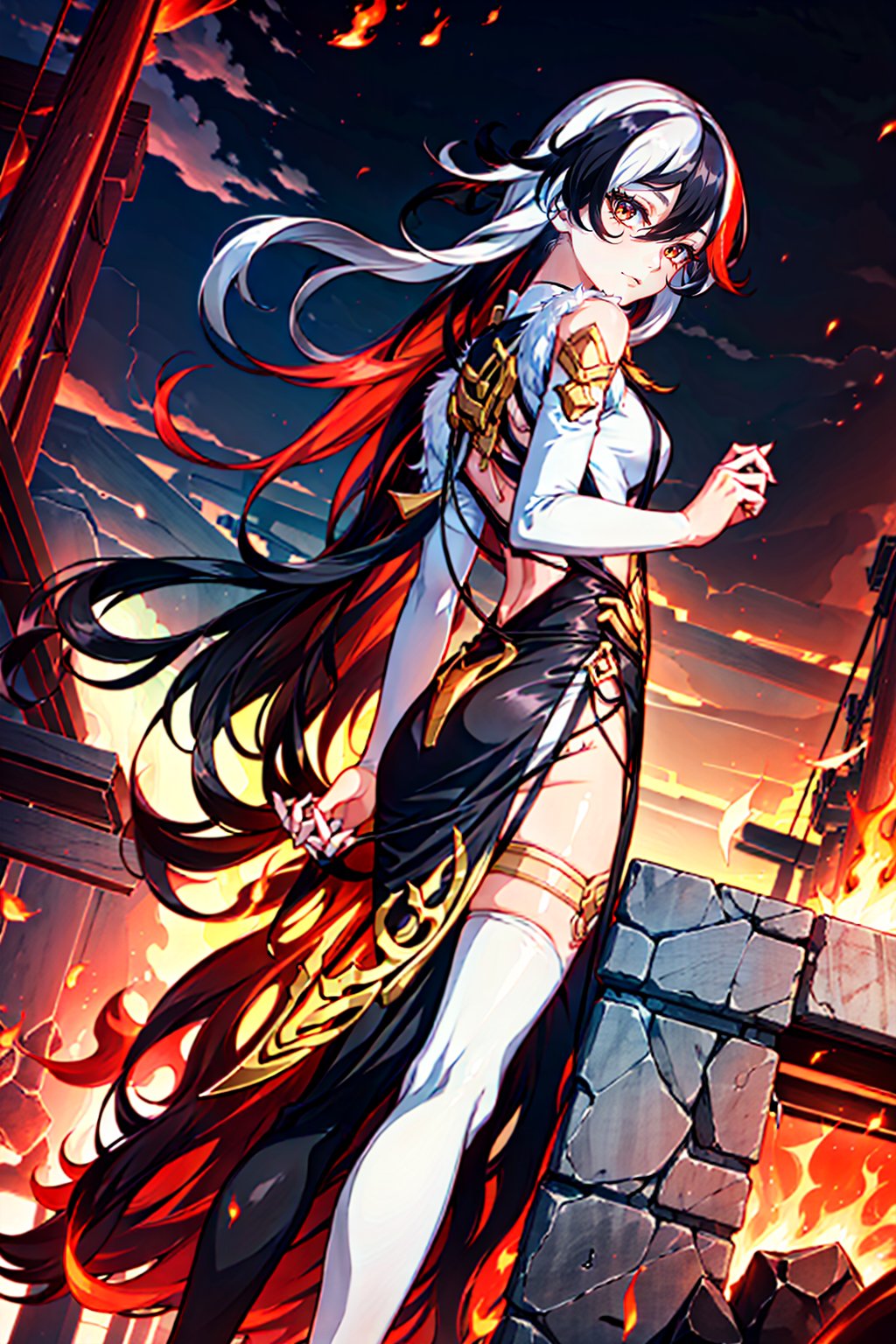 fu hua\bengluofu hua\bengluowhite_hair, orange_eyes, streaked_hair, fu hua, orange_hair, red_hair, fire, fiery_hair, hair_between_eyes, multicolored_hair, fu hua\bengluo, fiery_wings,fuhua/heiyu