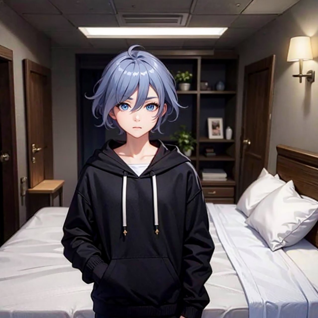 short hair,bigeyes,white hair,black hoodie,the bed,fu hua