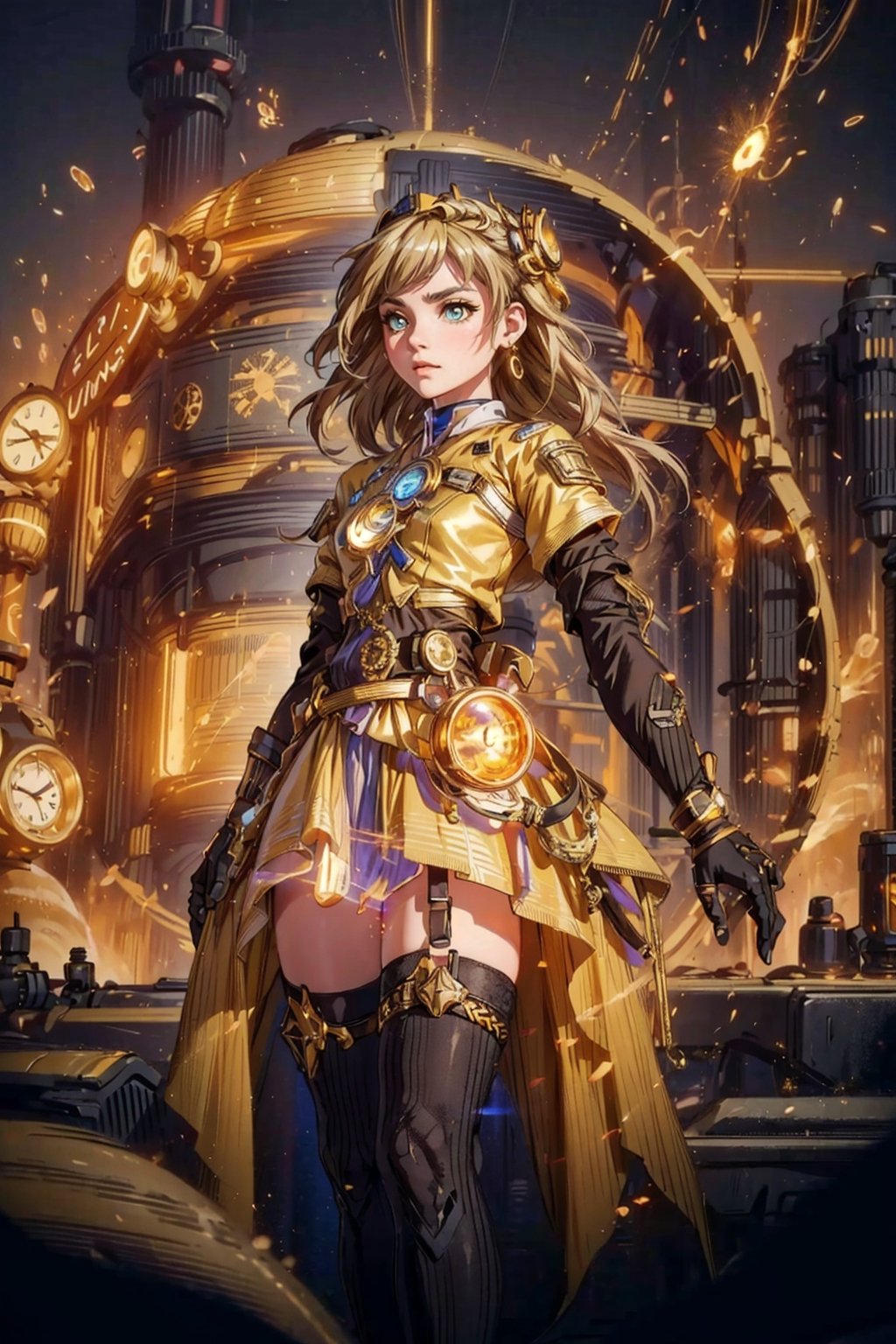 time traveler, cute girl, masterpiece, best quality, movie still, extremely detailed, area lighting in background, HD, 8k, 1girl, warm soft lighting, (sparks:1.1), light particles, volumetric lighting, ((gold dress, levitating, amber eyes, glowing energy)), blonde, longhair, action pose, belts, stockings, (clock), steampunk, (bright highlights, glare, glow amber gems, reflection), gears, binoculars, ,Science Fiction,fu hua