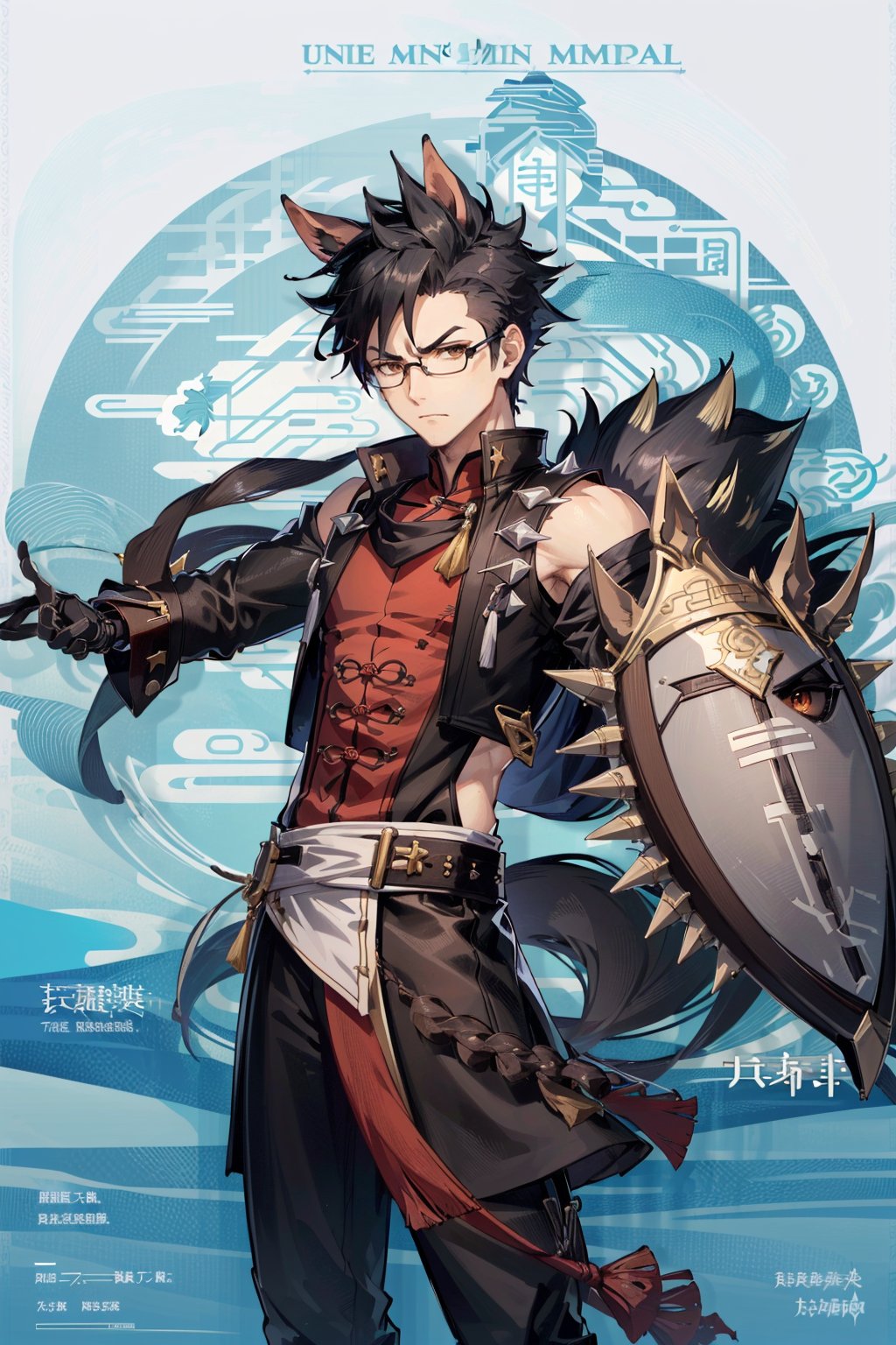 muscular mechanical body, ((1boy))((brown eyes, black-hair)), black leather coat,(( holding chinese blade and Shield)) ,midjourney portrait,swordsman,full_body, , 
,long skirt,line anime,(((animal ears, tail,male, horse ears,horse tail))),print robe,mature,annoyed,((( spiked hair,undercut))),glasses