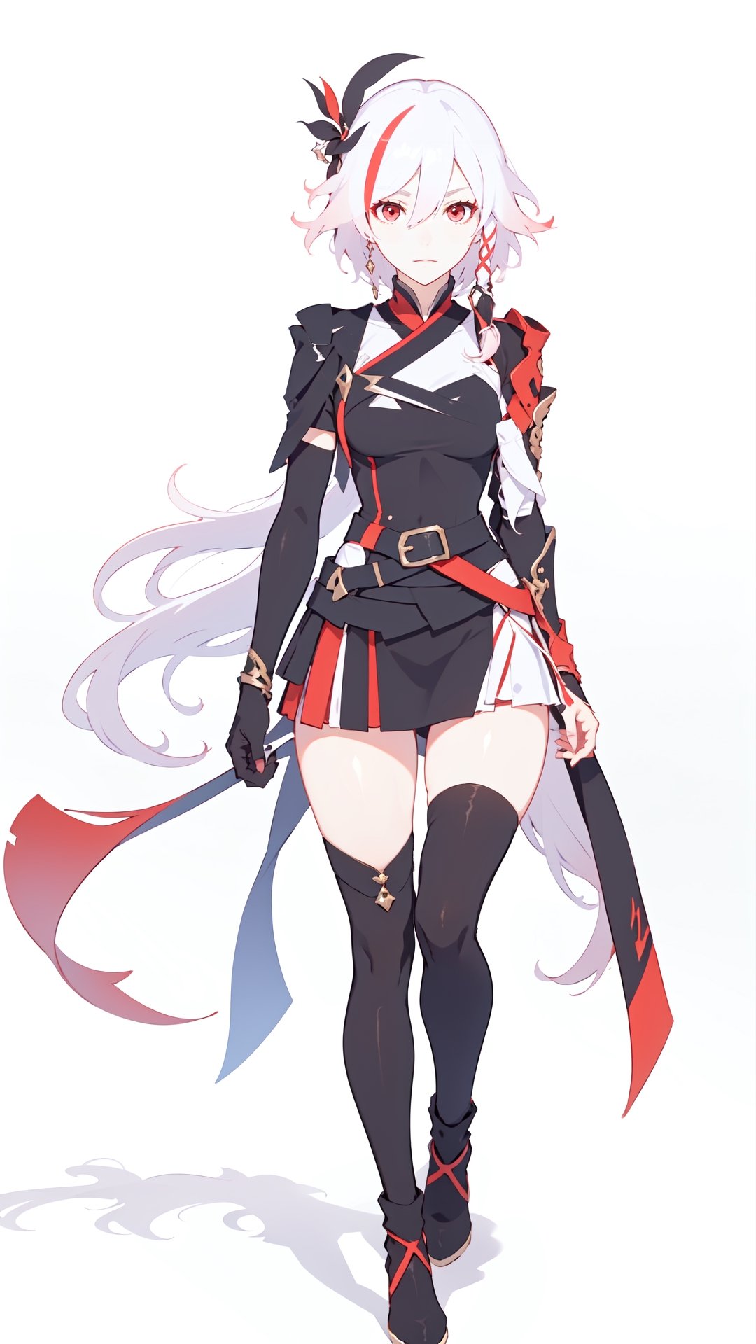 grin,low ponytail,blanket,belt,silver hair,low-tied long hair,messy hair,two-tone hair,streaked hair,jewelry,leather,long hair,bandages,white hair,black hair,red eyes,red rope,red legwear,fu hua,hakama,armor,brown footwear,high heel boots,jacket,dress,toeless legwear,arm wrap,sarashi,high heels,gradient hair,long sleeves,multicolored hair,braid,gloves,pants,earrings,1girl,bangs,closed mouth,expressionless,hair between eyes,hair ornament,long hair,,streaked hair,fu hua,hair between eyes,multicolored hair,white hair,pink hair,white hair,red hair,red eyes,