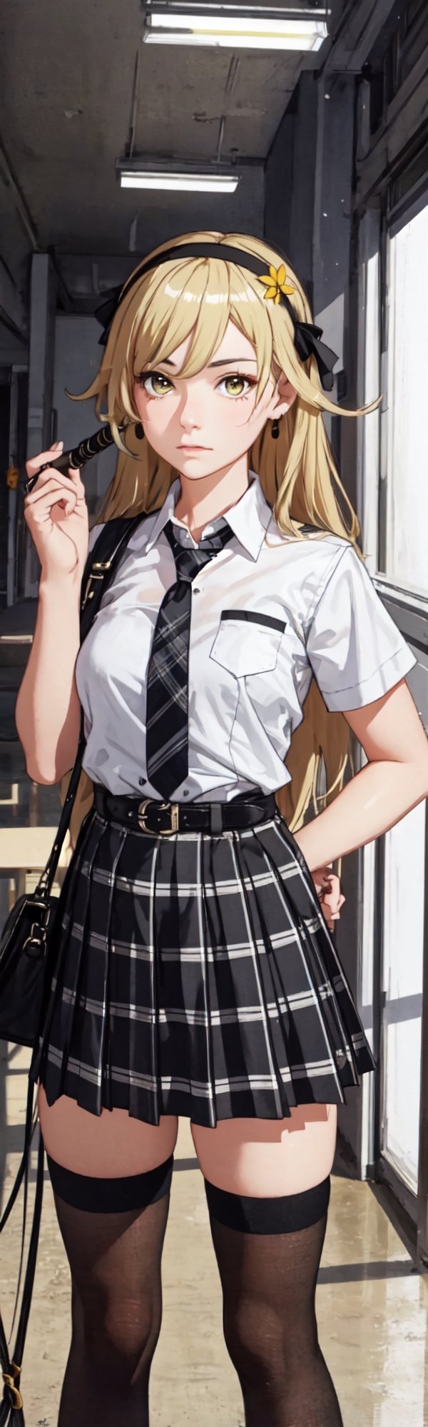 high_res, 1girl, female_solo, (tall girl:1.2), blonde, very long hair, blonde, tiny_breasts, school_girl uniform, white_shirt, plaid_skirt, short skirt, skindentation, black_kneehighs, garterbelt, (holding a whip:1.4), yellow eyes, school background, crown hairband,fu hua