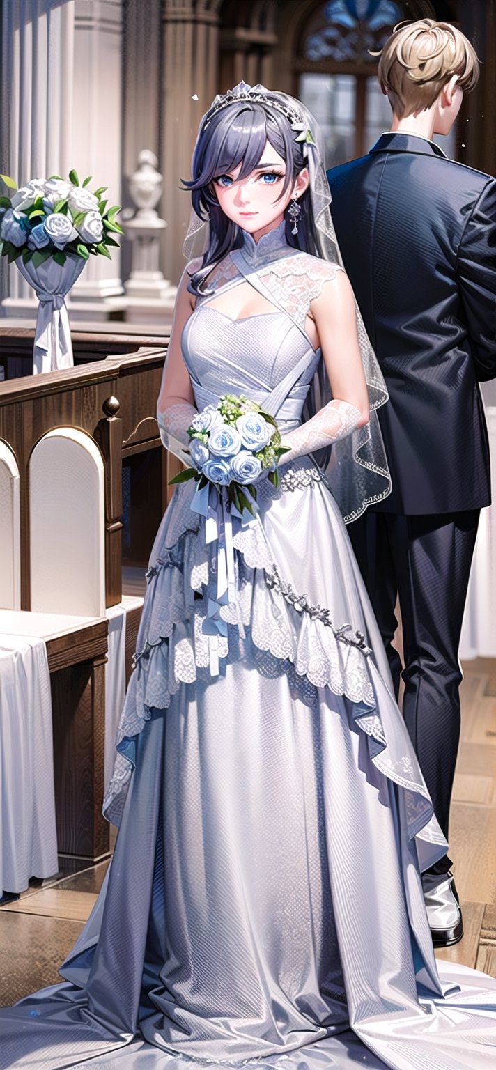 (1 beautiful woman, ornamented long blue hair,expensive detailed white wedding dress design by Clare Waight Keller, white bride veil, long white gloves), walking to the altar, holding a bouquet, church location, wedding, celebration time, petals falling down, people sitting down background, priest in front of the spouse, close-up ,perfecteyes,fu hua