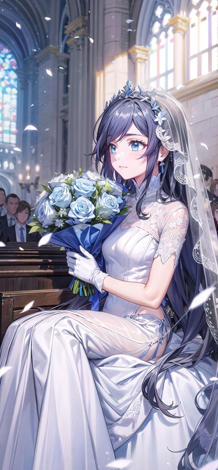 (1 beautiful woman, ornamented long blue hair,expensive detailed white wedding dress design by Clare Waight Keller, white bride veil, long white gloves), walking to the altar, holding a bouquet, church location, wedding, celebration time, petals falling down, people sitting down background, priest in front of the spouse, close-up ,perfecteyes,fu hua