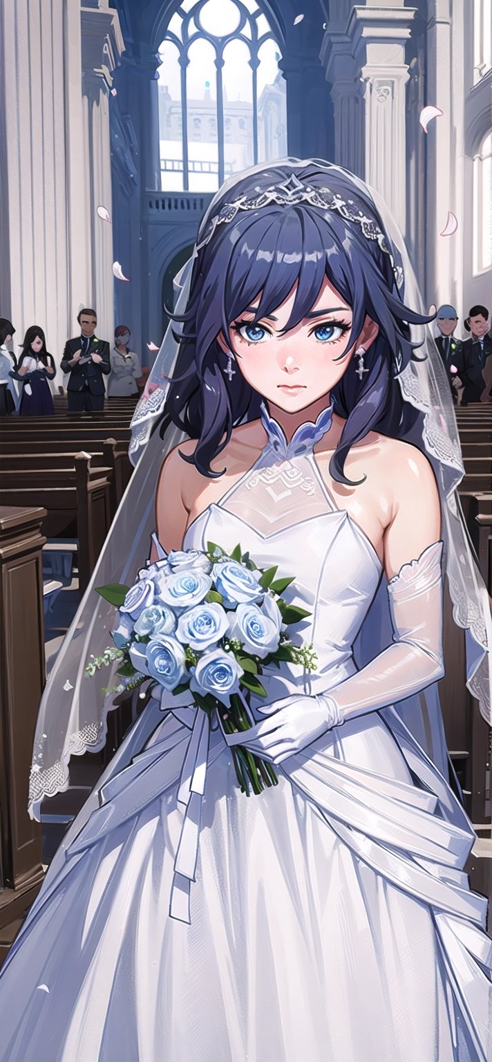 (1 beautiful woman, ornamented long blue hair,expensive detailed white wedding dress design by Clare Waight Keller, white bride veil, long white gloves), walking to the altar, holding a bouquet, church location, wedding, celebration time, petals falling down, people sitting down background, priest in front of the spouse, close-up ,perfecteyes,fu hua