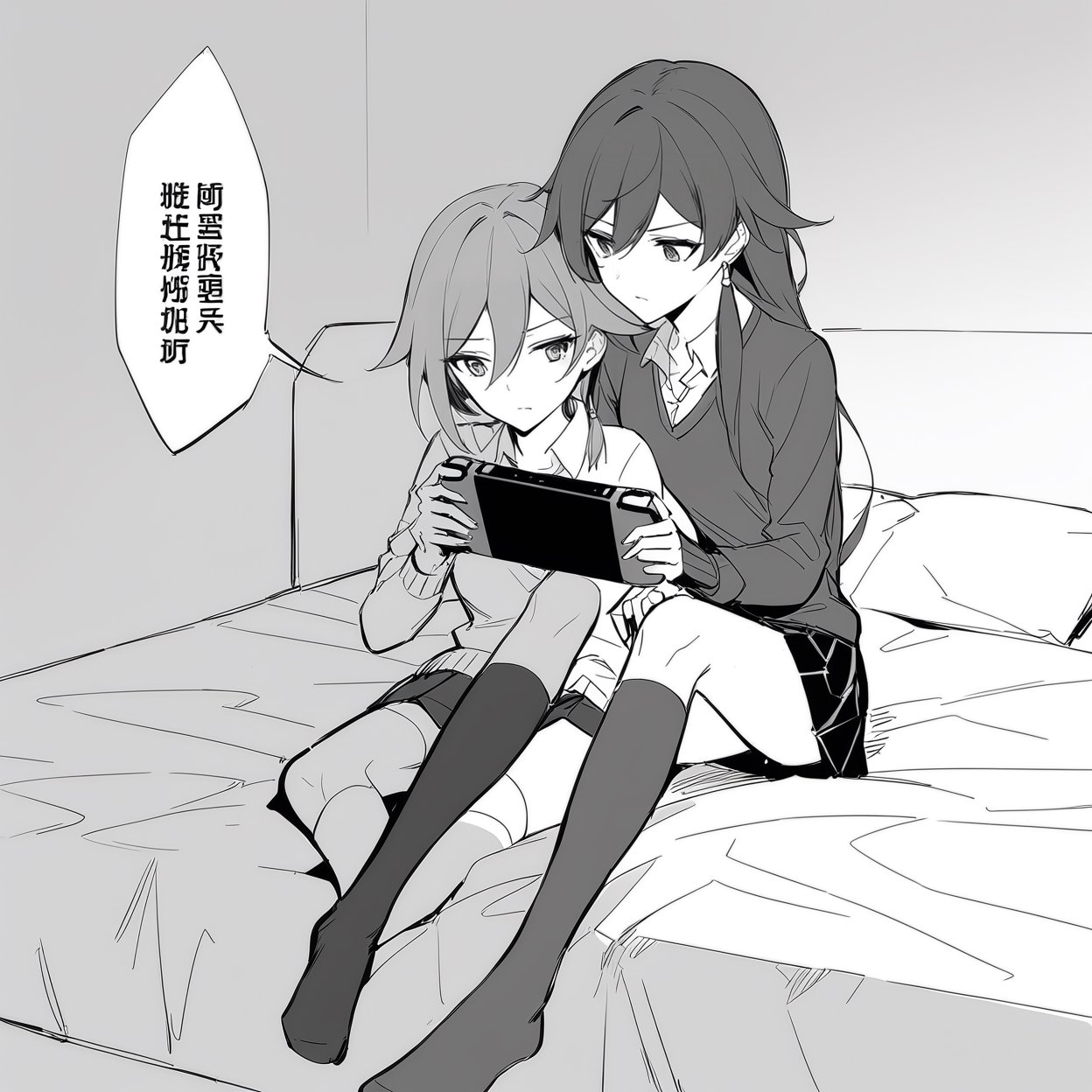 [[fu hua (phoenix)(honkai impact 3rd)]], nai3, 1girl, solo, artstyle,
multiple girls, skirt, 2girls, school uniform, monochrome, socks, yuri, sweater, kneehighs, bed, chinese text, handheld game console, playing games