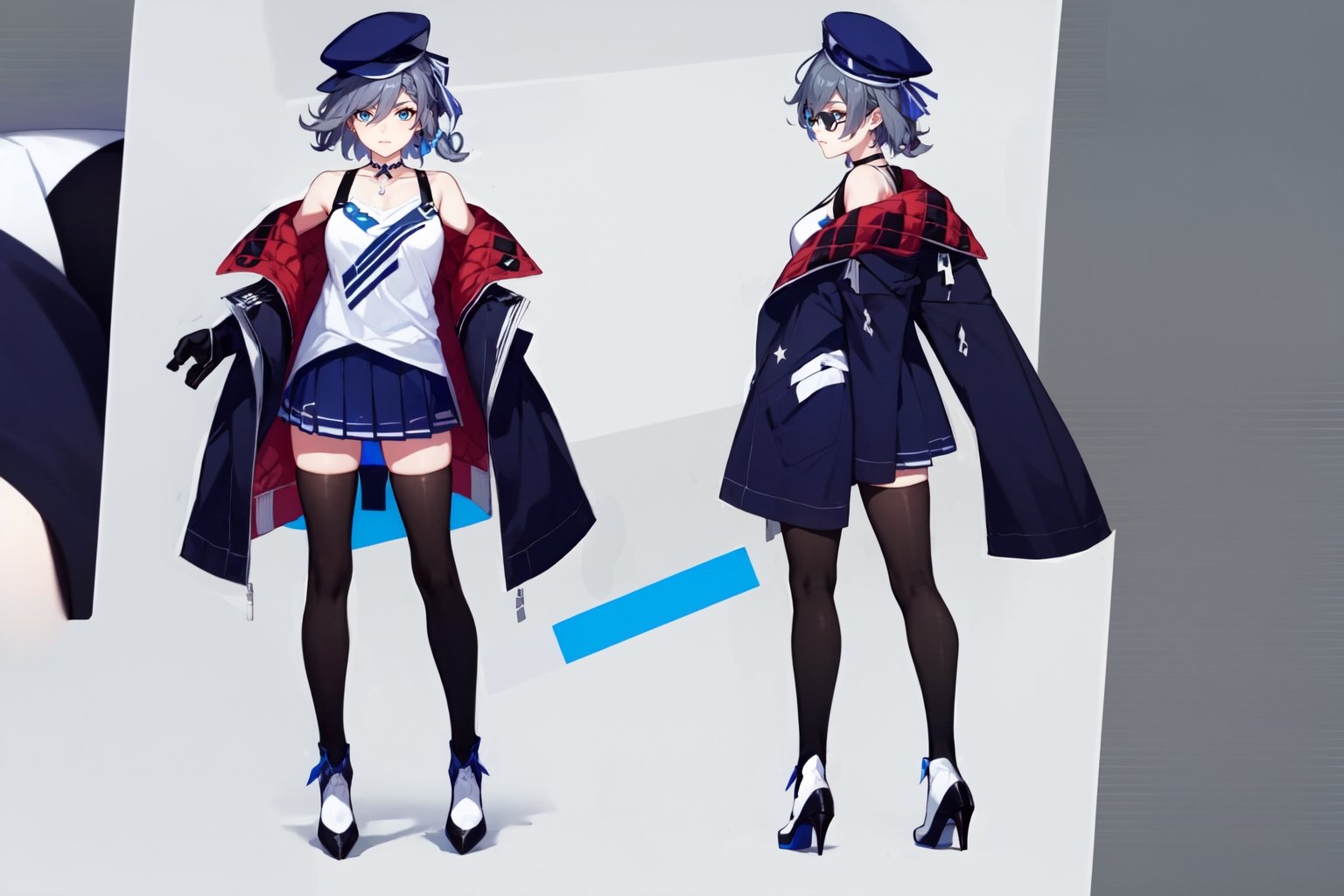 [[fu hua (phoenix)(honkai impact 3rd)]],nai3,1girl,solo,blue eyes {artist:ask(askzy)}, (Multiple views) boots,shorts,hair between eyes,grey hair,braid,hair ornament,hat,bare shoulder,star choker,ribbon,blue gloves,choker,idol,star necklace,jewelry,jacket,glasses,fu hua,white footwear,skirt,idol clothes,high heels,shirt,thighhighs,