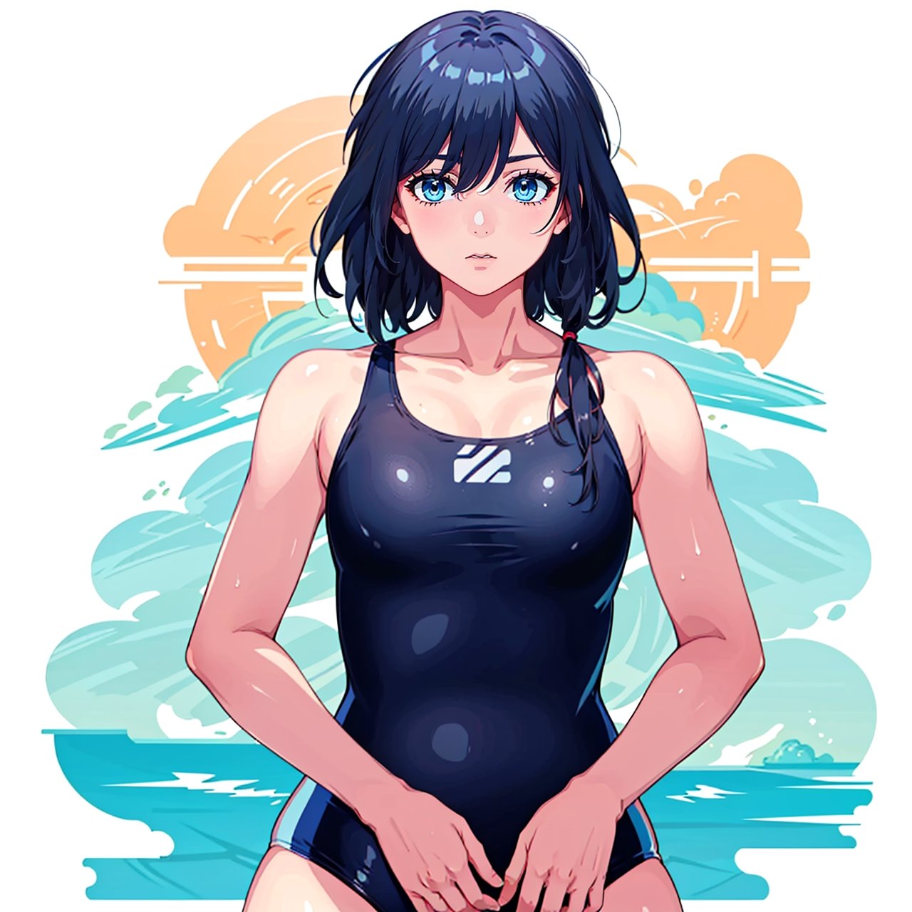 (masterpiece:1.3),(the best quality:1.2),(super fine illustrations:1.2),(Masterpiece),high quality,high detail,(white background:1.2),looking at viewer,(SOLO:1.4),outline,simplebackground,collarbone,sleeveless,school swimsuit,one-piece swimsuit,black swimsuit,barefoot,bare shoulders,bare arms,fu hua,blue_eyes,hair_between_eyes,