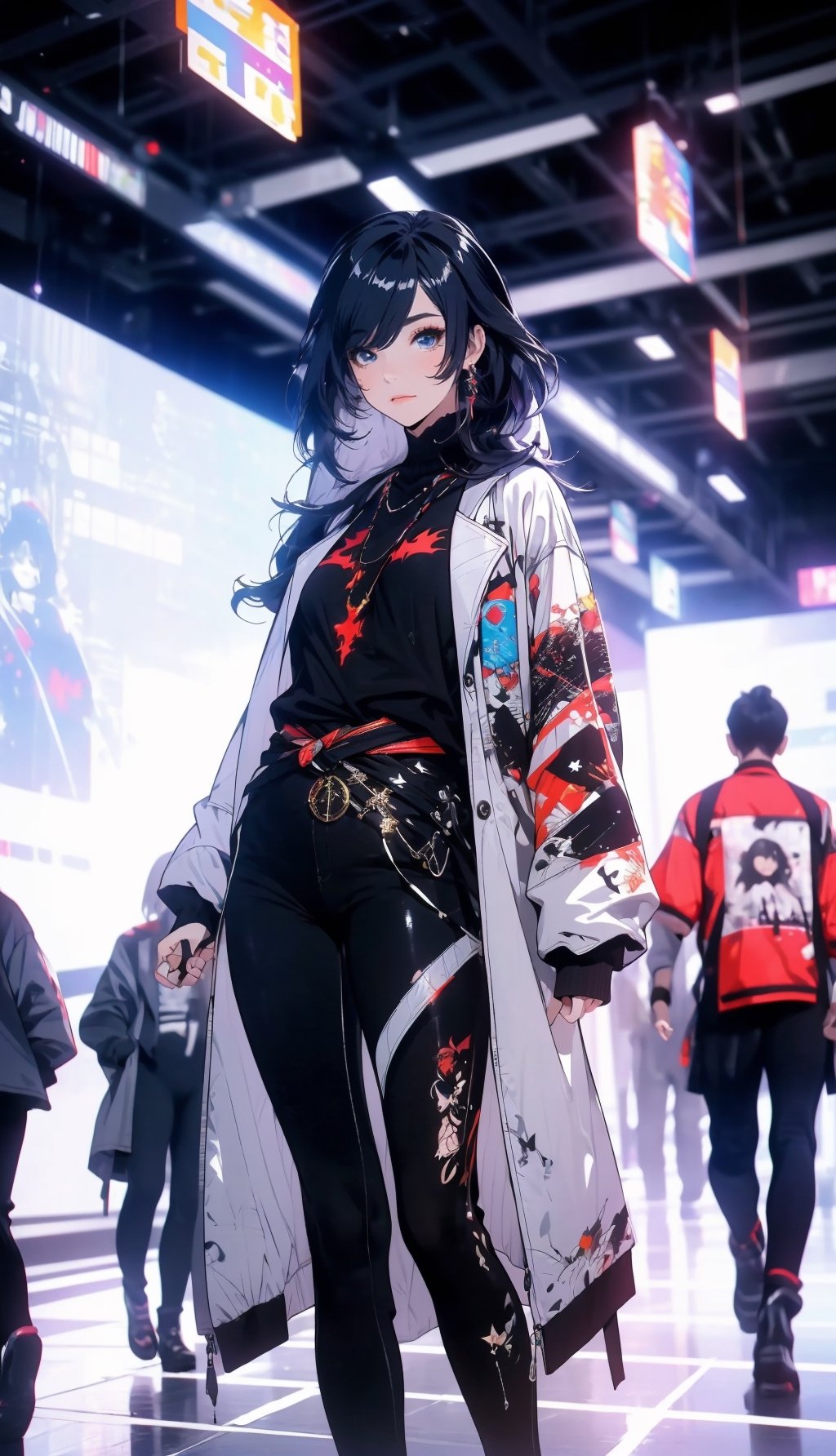 ((Masterpiece, best quality, ultra-detailed, best shadow, Unreal Engine 5)), (detailed background), (pretty face), one female vampire, dark red eyes, long black hair with bangs, ((hair past waist)), perfect figure, ((red-colored apparel, often in the form of long, two-tailed coats)), black spandex pants, ((holding a fire ball)), magic circle, ((bats flying backdround)), full_body,fu hua