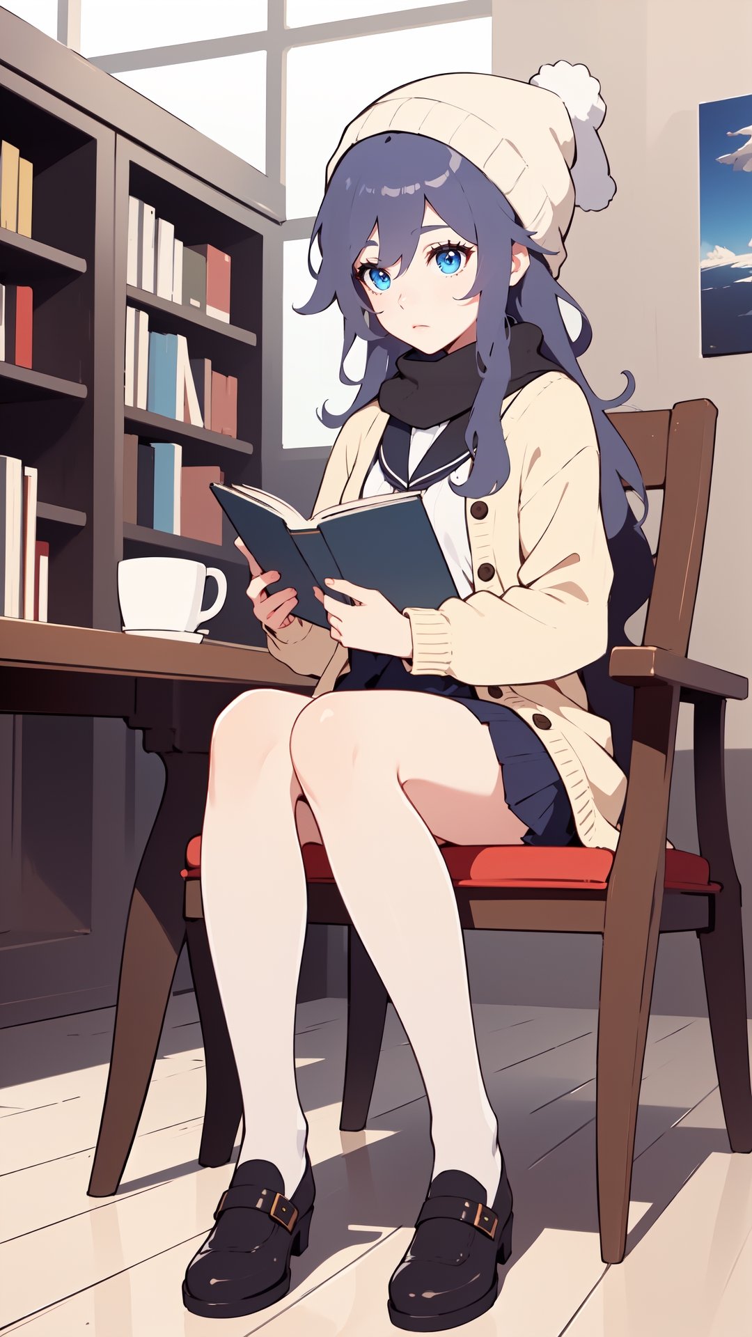  (full body:1.2), hair between eyes, blue eyes, low-tied long hair, fu hua,thin,very long hair,brown hair,light brown eyes,(detailed eyes),small breasts,(coffee_knitted cardigan jacket),black high neck bottom shirt,white _sailor suit,((Black stockings)),head_dress,scarf,beanie,closed mouth,(seriously),sitting,reading,((holding a book)),winter, (library),((a cup of coffee)),snow, masterpiece, best quality, official art, extremely detailed CG unity 8k wallpaper, cozy anime, backlight, (wide shot:0.95), Dynamic angle, fanxing, (full body), cozy anime,