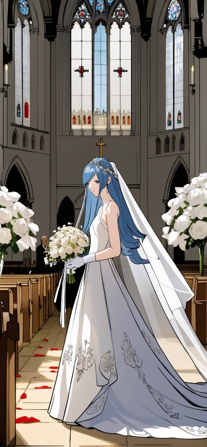 (1 beautiful woman, ornamented long blue hair,expensive detailed white wedding dress design by Clare Waight Keller, white bride veil, long white gloves), walking to the altar, holding a bouquet, church location, wedding, celebration time, petals falling down, people sitting down background, priest in front of the spouse, close-up ,perfecteyes,(((fu hua)))