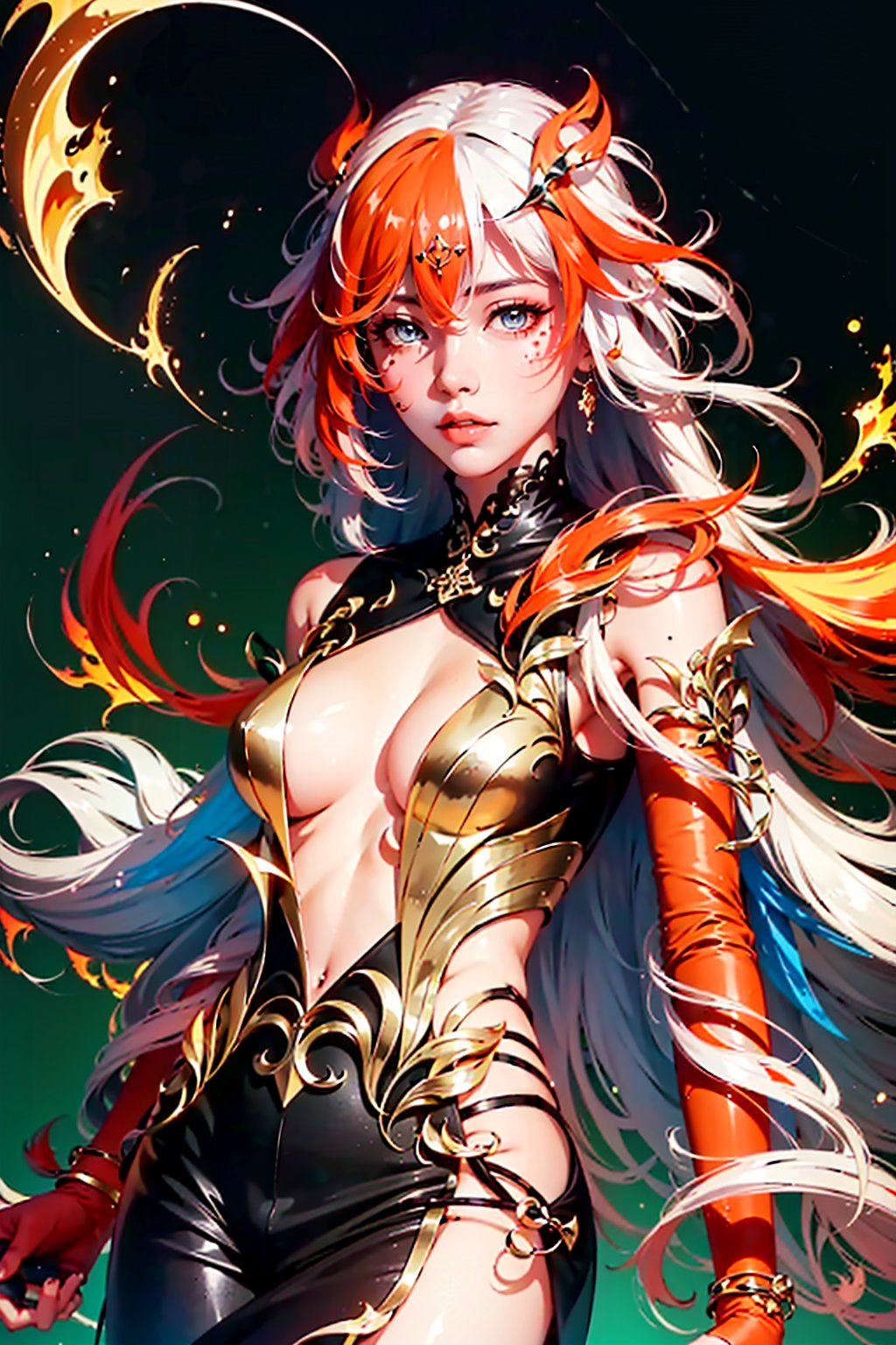 fu hua\bengluofu hua\bengluo,white_hair, orange_eyes, streaked_hair, fu hua, orange_hair, red_hair, fire, fiery_hair, hair_between_eyes, multicolored_hair, fu hua\bengluo, fiery_wings