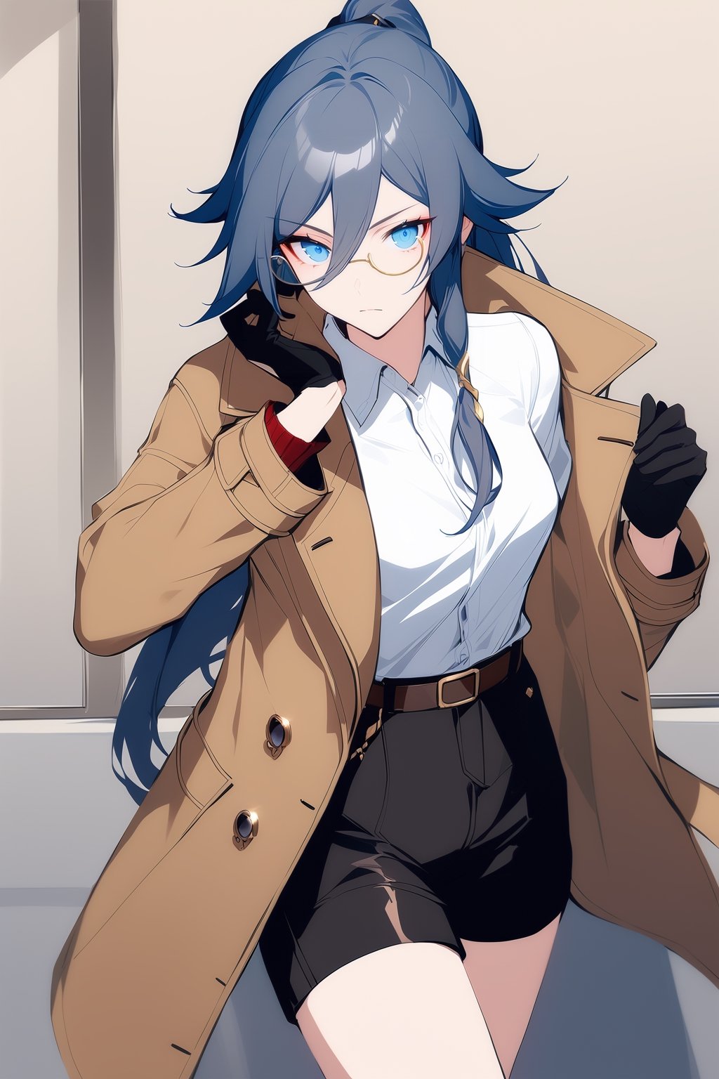 [[fu hua (phoenix)(honkai impact 3rd)]], nai3, 1girl, solo, artstyle,
1girl, solo, long hair, looking at viewer, bangs, blue eyes, shirt, black hair, gloves, long sleeves, hair between eyes, closed mouth, standing, jacket, white shirt, ponytail, glasses, shorts, black gloves, belt, black shorts, brown jacket, brown coat, monocle, polo shirt, detective, fu hua