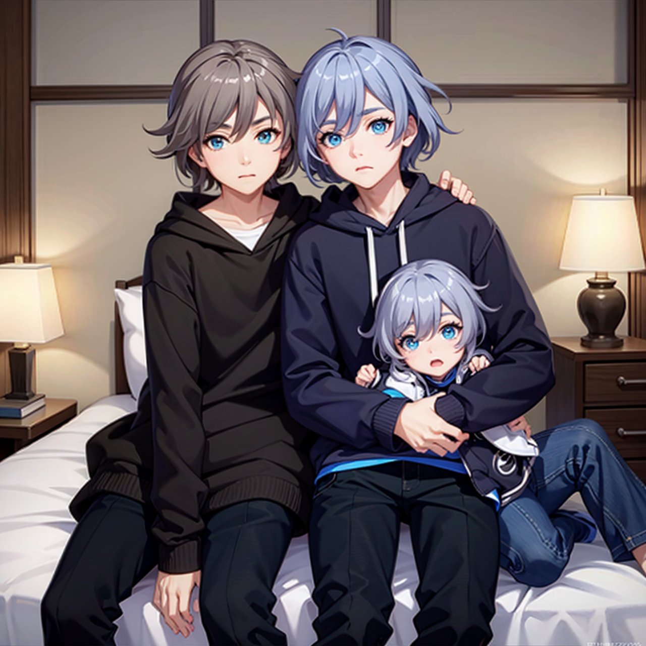 short hair,Shota,bigeyes,white hair,Shota,Shota,Shota,Shota,black hoodie,the bed,fu hua