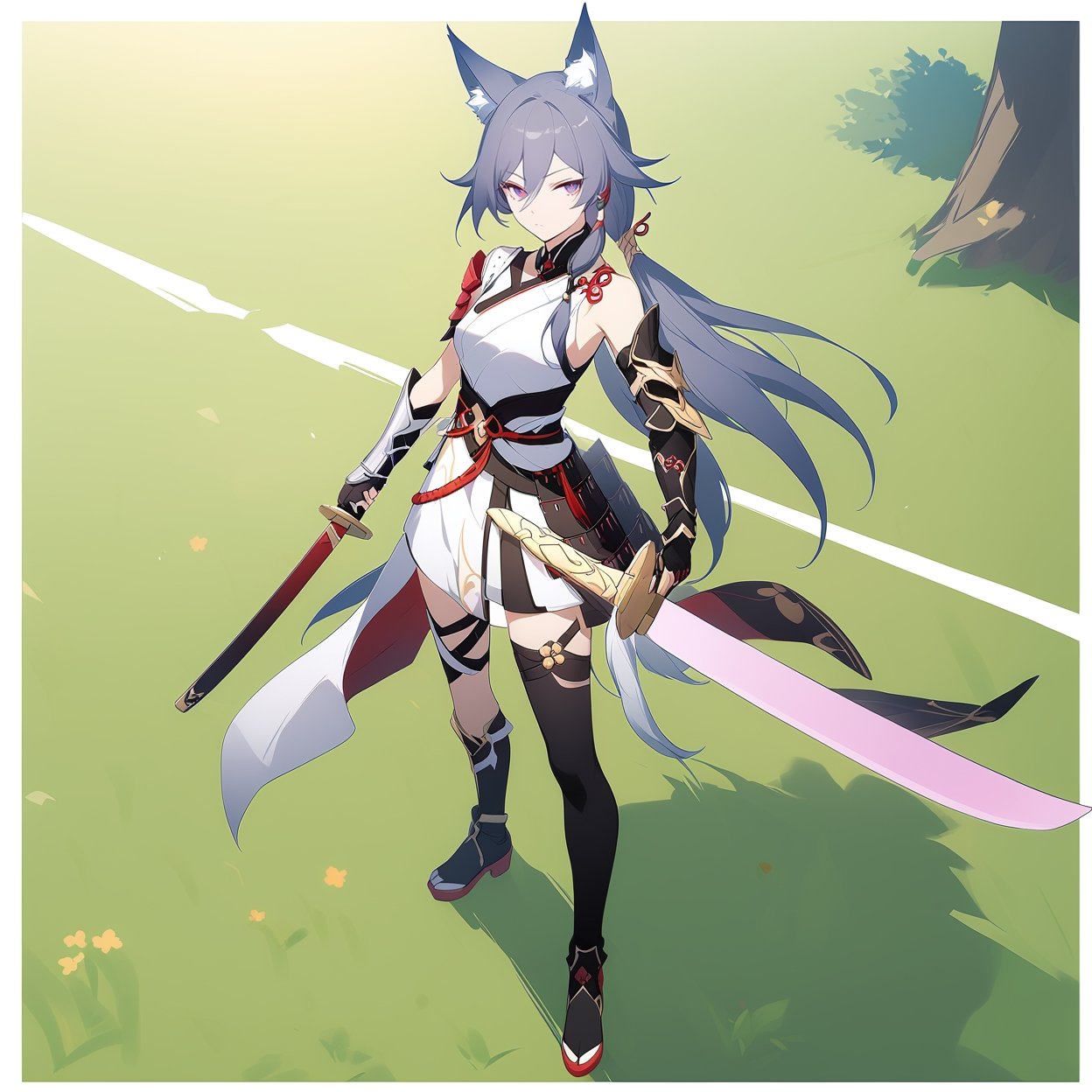 [[fu hua (phoenix)(honkai impact 3rd)]], nai3, 1girl, solo, artstyle,
1girl, solo, looking at viewer, bangs, hair ornament, gloves, holding, animal ears, hair between eyes, closed mouth, standing, purple eyes, full body, weapon, pink hair, boots, outdoors, japanese clothes, sword, fingerless gloves, black footwear, holding weapon, armor, fox ears, holding sword, katana, grass, gauntlets, sheath, japanese armor, gameplay mechanics, asymmetrical gloves, single gauntlet