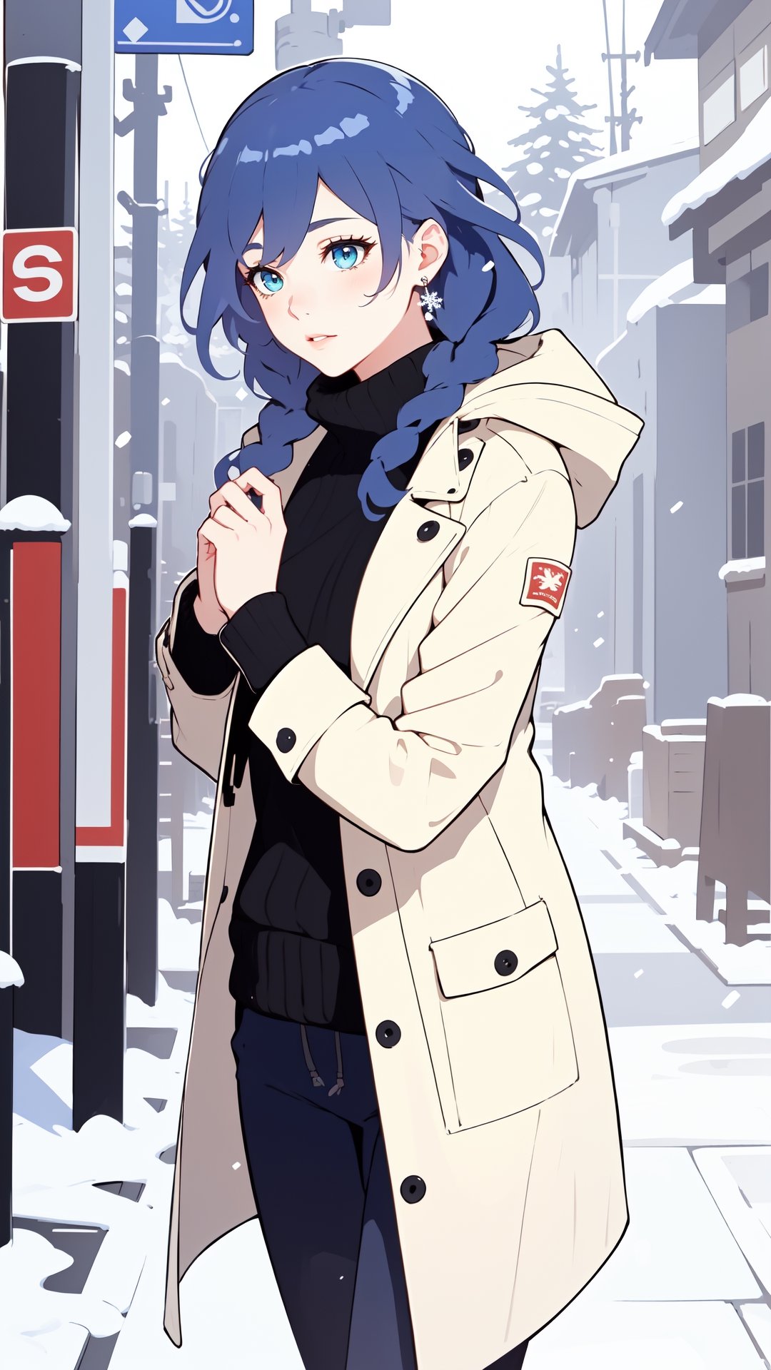 moments stretch and twist, turning a hurried walk into an eternity of swirling flakes. (masterpiece, detailed artwork), Snowflakes,1girl, golden eyes, sleepy, blush, (detailed lips), (cute winter coat, knitted winter coat), layla, twin drills, drill locks, blue hair, jewelry, sleepy eyes, Snow, snowflakes,masterpiece