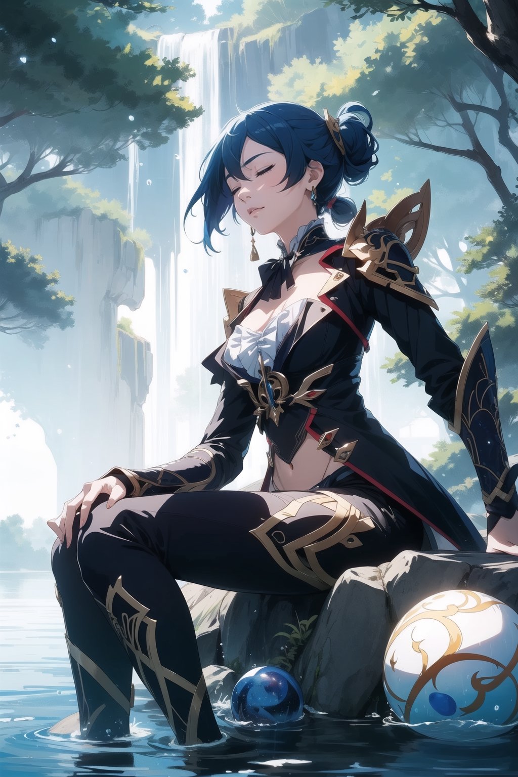 2d, masterpiece, best quality, anime, highly detailed face, highly detailed background, perfect lighting, solo, Sitting on a stone, surrounded by water, in a lake, meditating, eyes closed, blue hair, meditation pose, (Ball-shaped floating water around:1.3), blue warrior clothes with black, background waterfall, nature, forest,fu hua