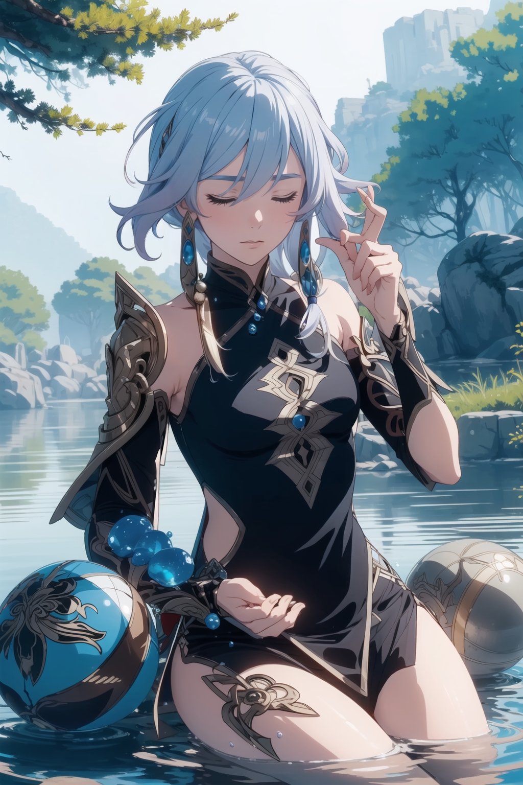 2d, masterpiece, best quality, anime, highly detailed face, highly detailed background, perfect lighting, solo, Sitting on a stone, surrounded by water, in a lake, meditating, eyes closed, blue hair, meditation pose, (Ball-shaped floating water around:1.3), blue warrior clothes with black, background waterfall, nature, forest,fu hua