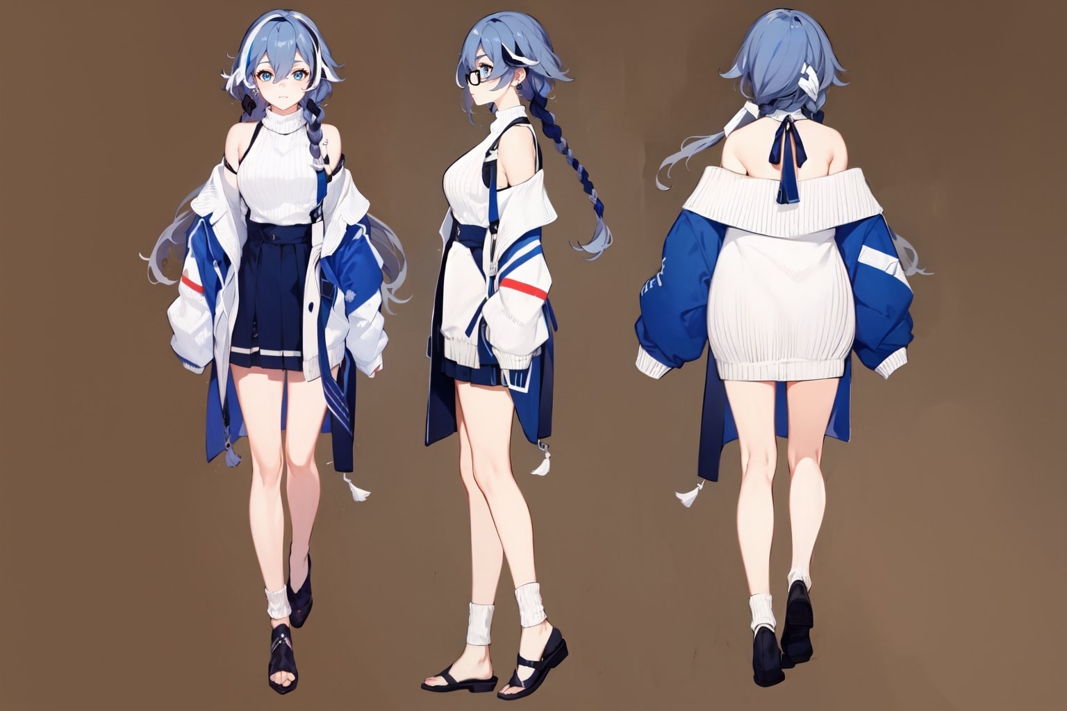 [[fu hua (phoenix)(honkai impact 3rd)]],nai3,1girl,solo,blue eyes {artist:ask(askzy)}, (Multiple views) ,((three sided view,full body,simple background,multiple views,highres)).multicolored hair,round eyewear,turtleneck,skirt,blue legwear,jewelry,earrings,long sleeves,blue eyes,sleeves past wrists,ribbed sweater,hair between eyes,white sweater,very long hair,sweater,streaked hair,sunglasses,braid,bare shoulders,off-shoulder sweater,off shoulder,eyewear on head,